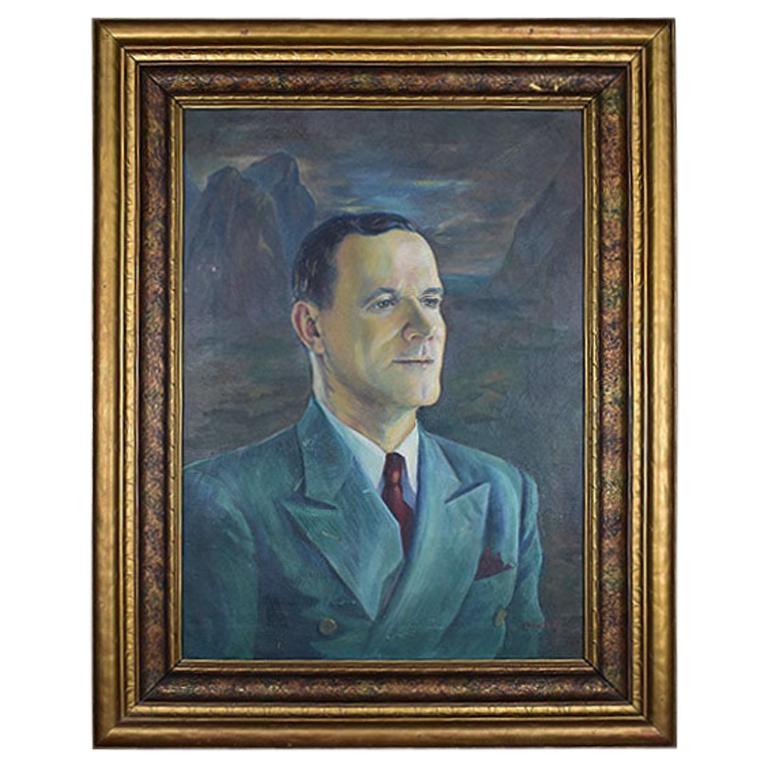 Large Mad Men Style Framed Portrait Painting of a Man on Canvas, Signed, 1960s