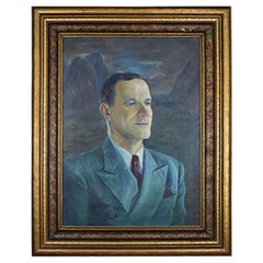 Großes gerahmtes Porträtgemälde eines Mannes im Stil von Mad Men auf Leinwand, signiert, 1960er Jahre