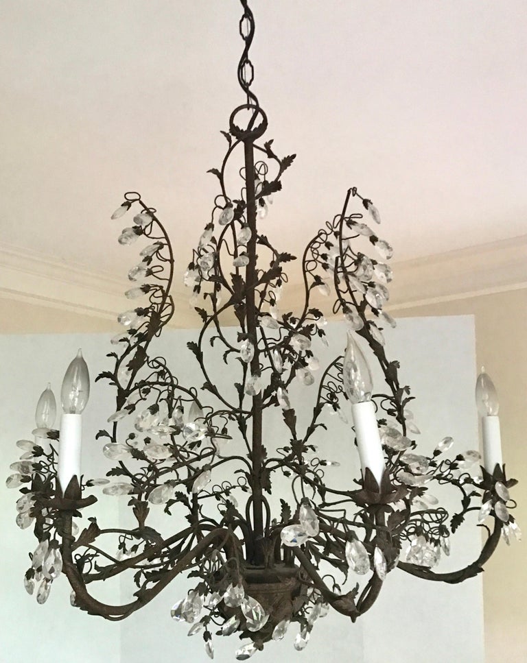 Large Made in Italy Crystal and Metal Tole SixLight Vine Chandelier at
