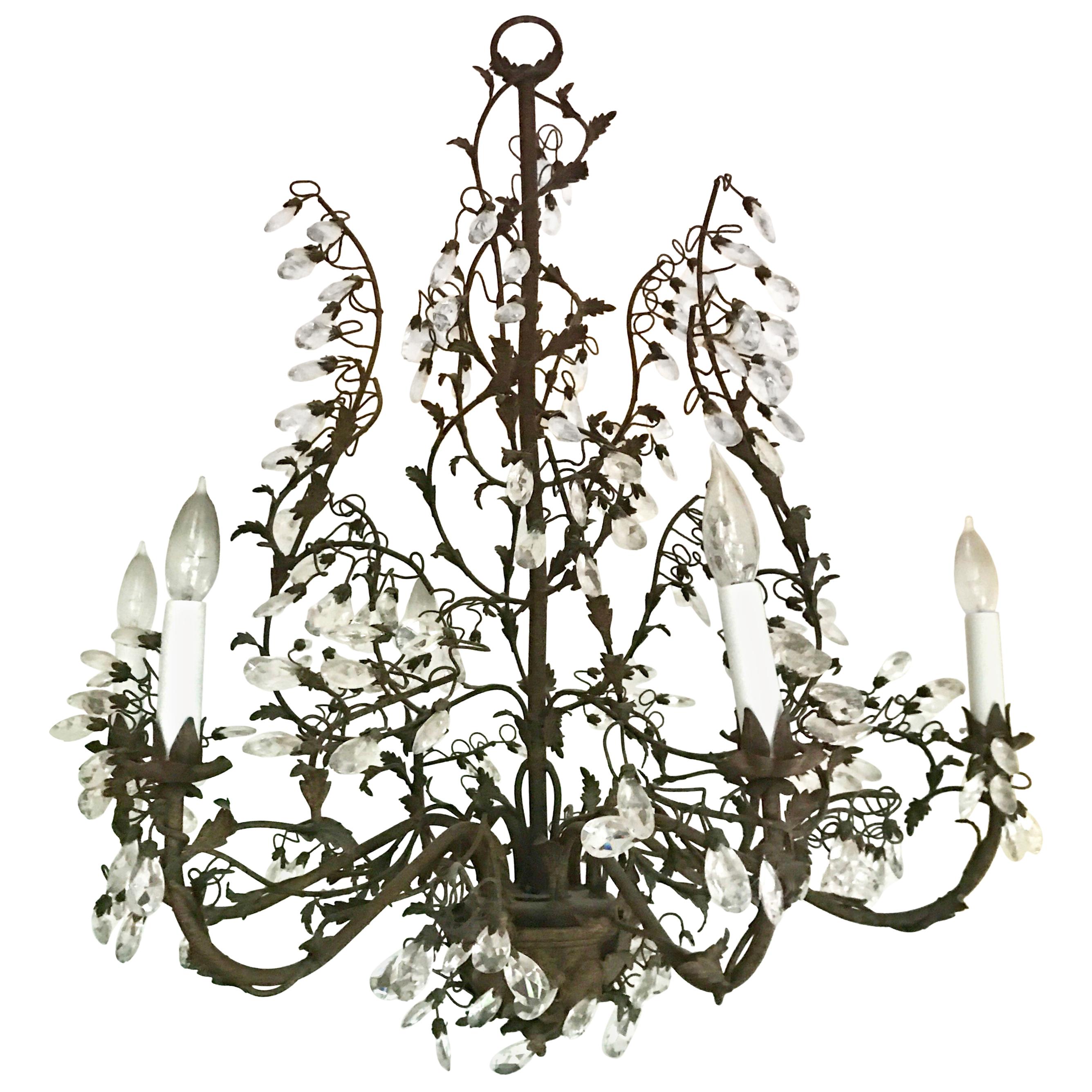 Large Made in Italy Crystal and Metal Tole Six-Light Vine Chandelier