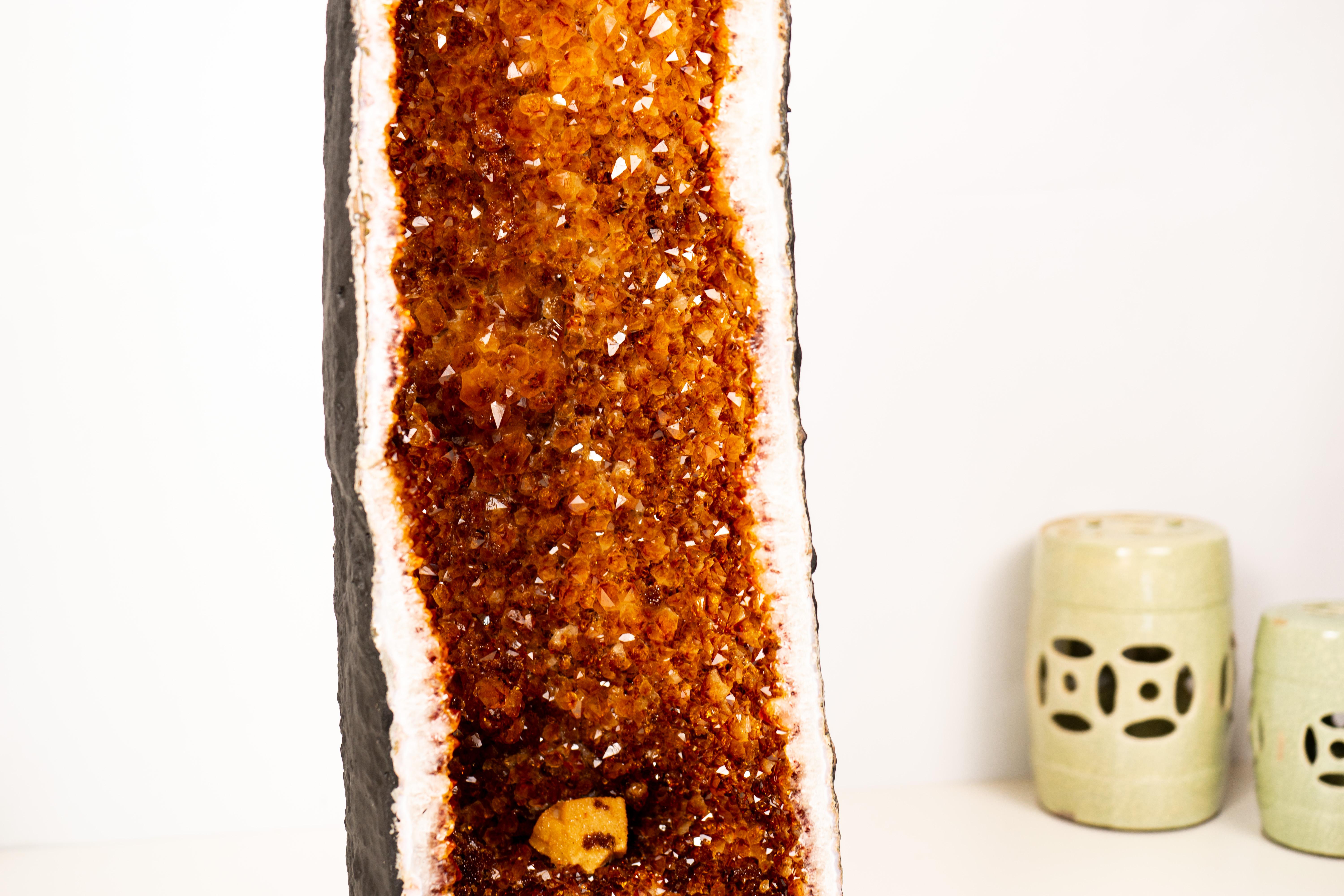 Geode scultoreo di Citrino Cattedrale di grandi dimensioni con scintillanti punte di Druzy di Citrino Madeira

▫️ Descrizione ▫️

Questo geode di citrino di grandi dimensioni presenta una splendida formazione a cattedrale di colore arancione