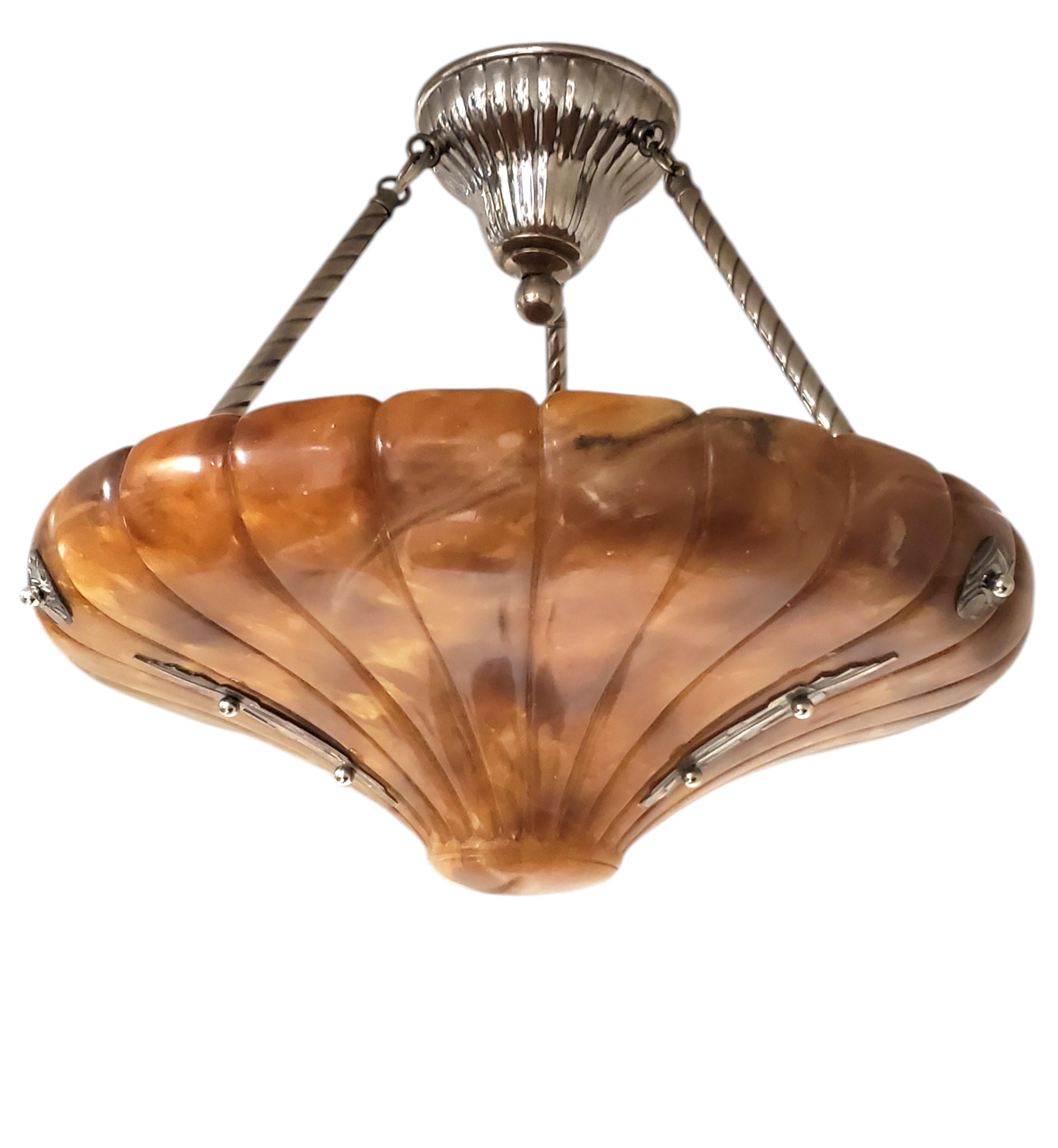 Large magnificent Art Deco fluted alabaster bell shape Pendant Light Fixture For Sale 4