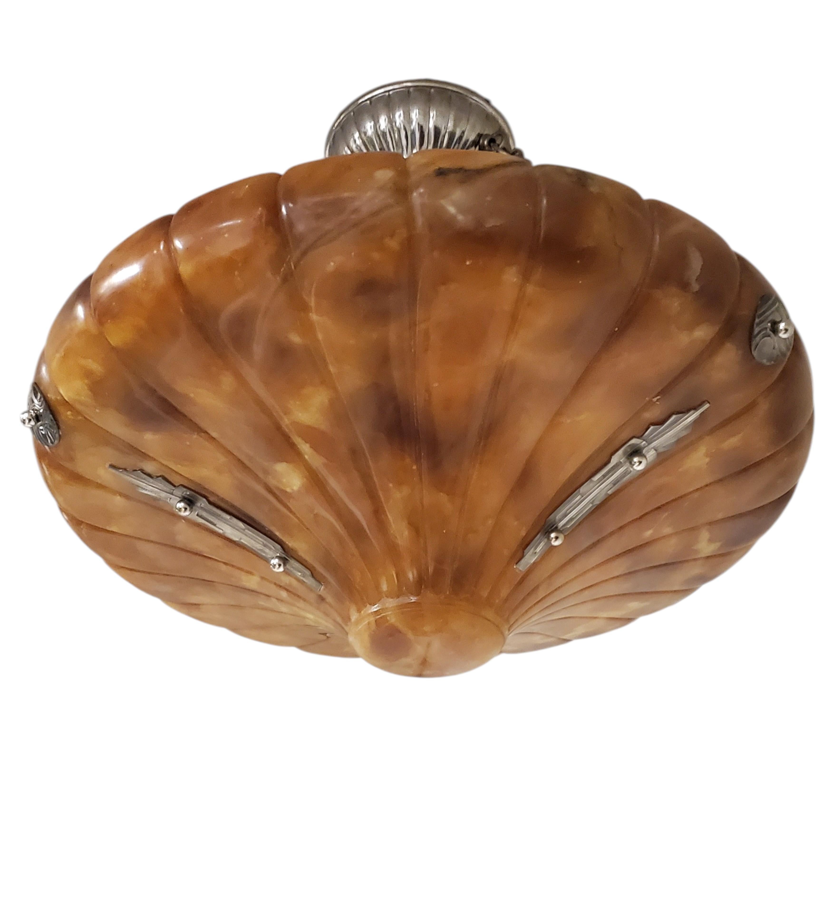 Large magnificent Art Deco fluted alabaster bell shape Pendant Light Fixture For Sale 5