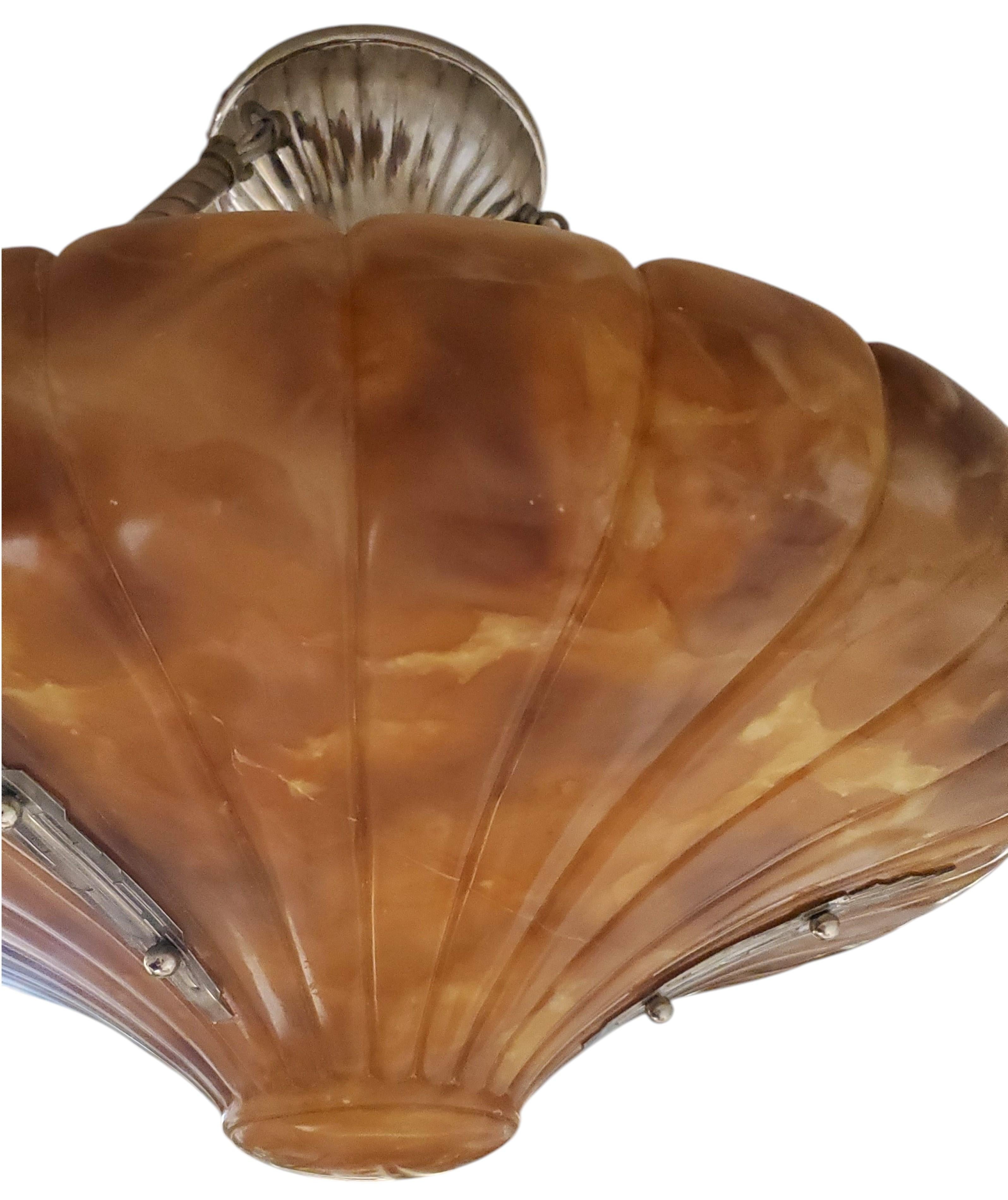Large magnificent Art Deco fluted alabaster bell shape Pendant Light Fixture For Sale 6