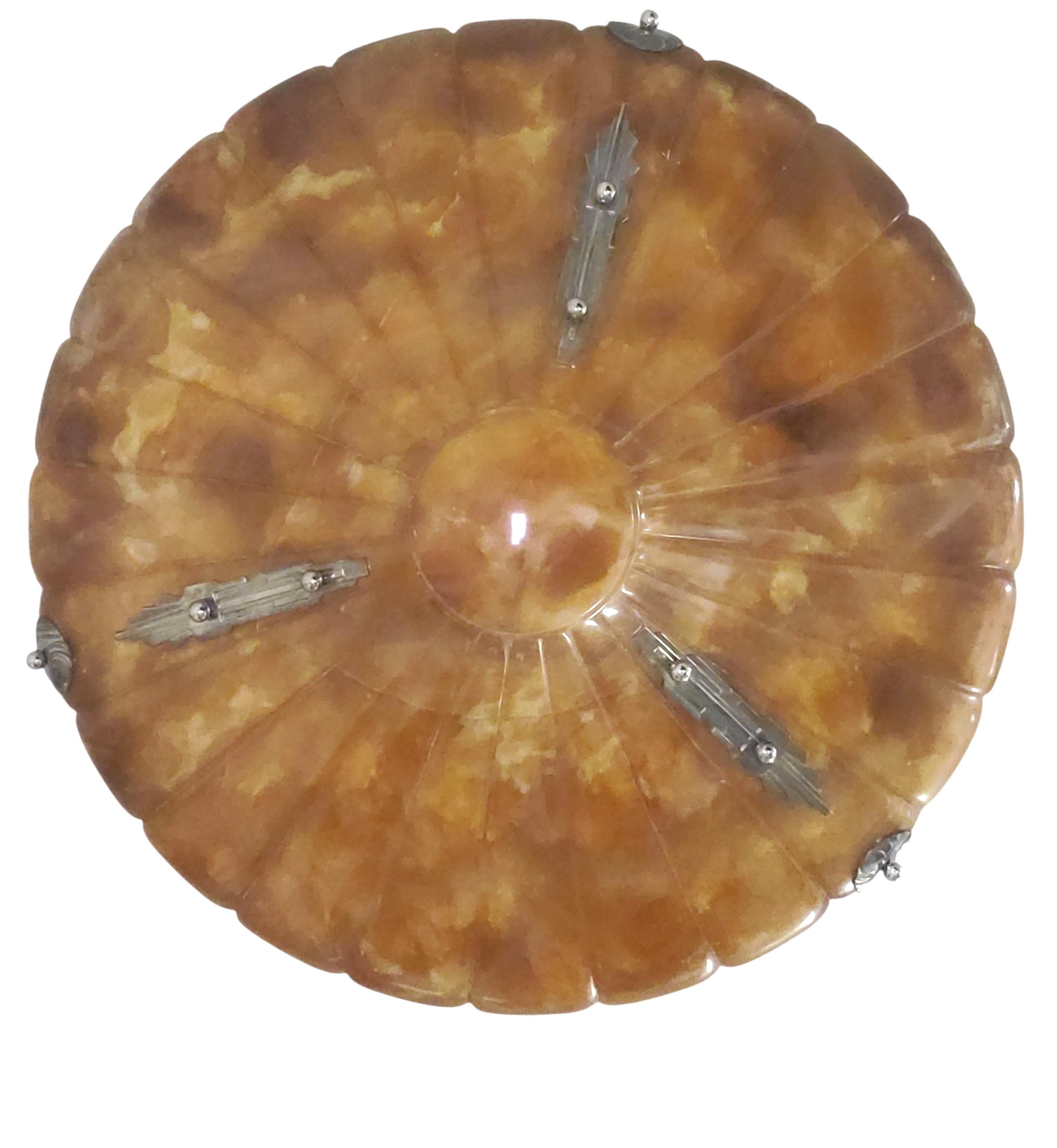 Large magnificent Art Deco fluted alabaster bell shape Pendant Light Fixture For Sale 7