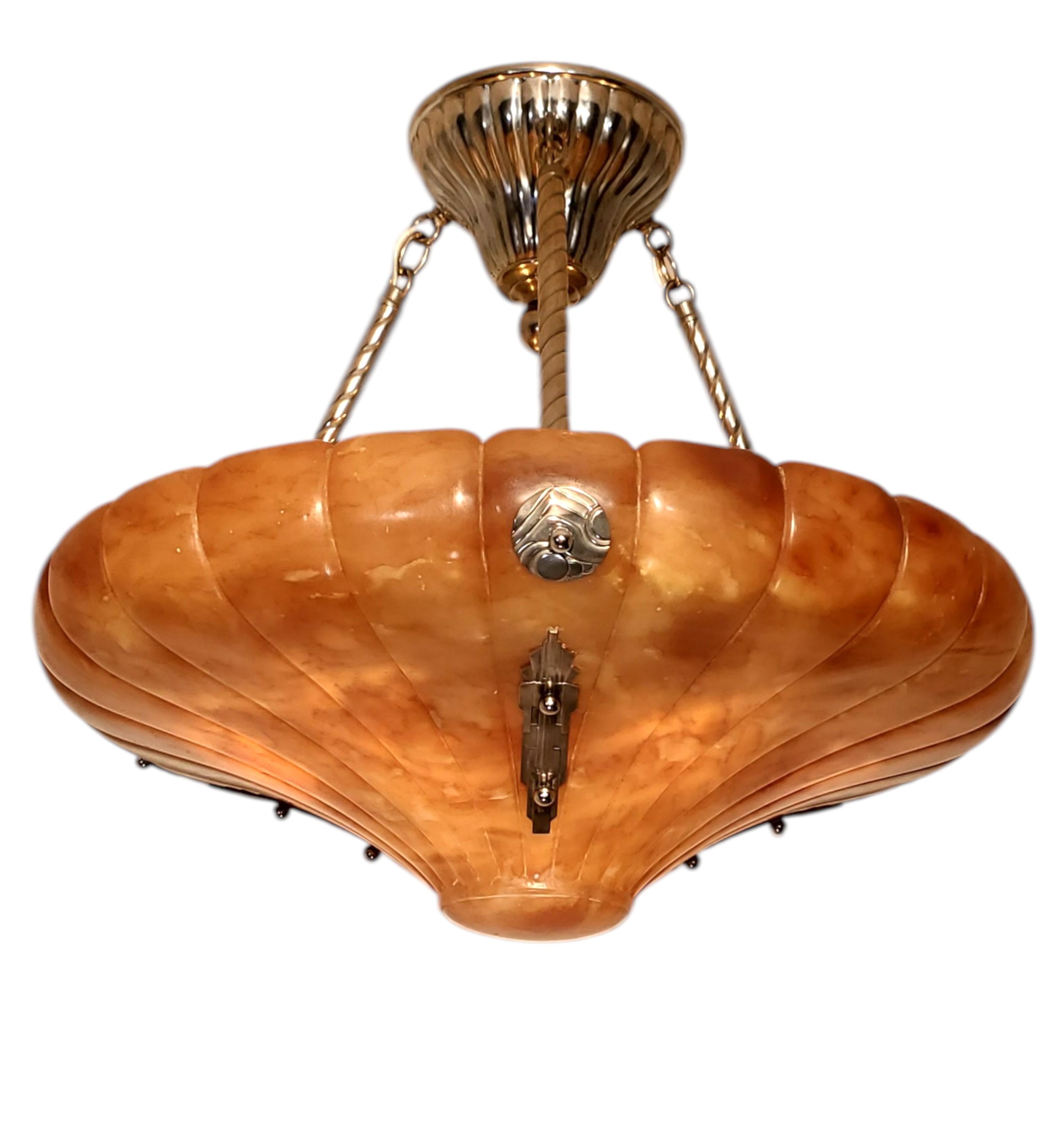 Large magnificent Art Deco fluted alabaster bell shape Pendant Light Fixture For Sale 8
