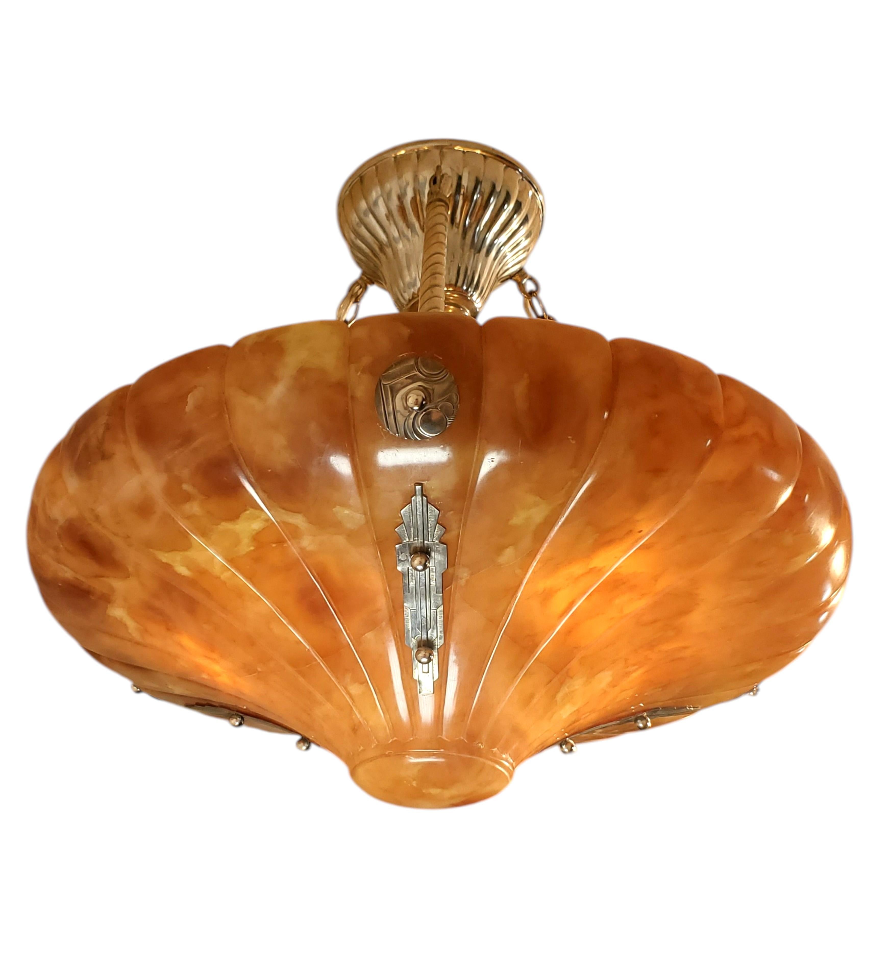 Large magnificent Art Deco fluted alabaster bell shape Pendant Light Fixture For Sale 9