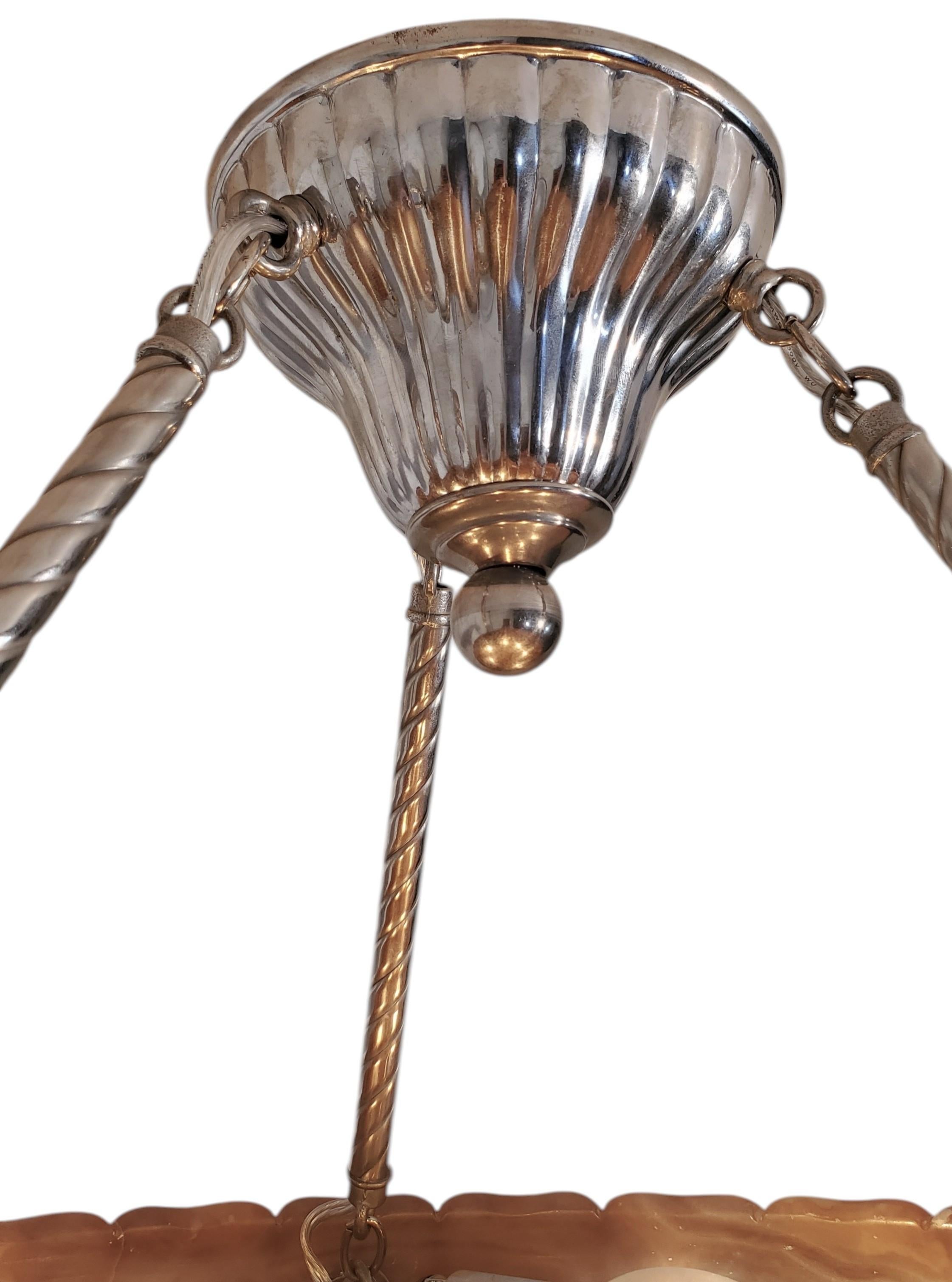 Large magnificent Art Deco fluted alabaster bell shape Pendant Light Fixture For Sale 10