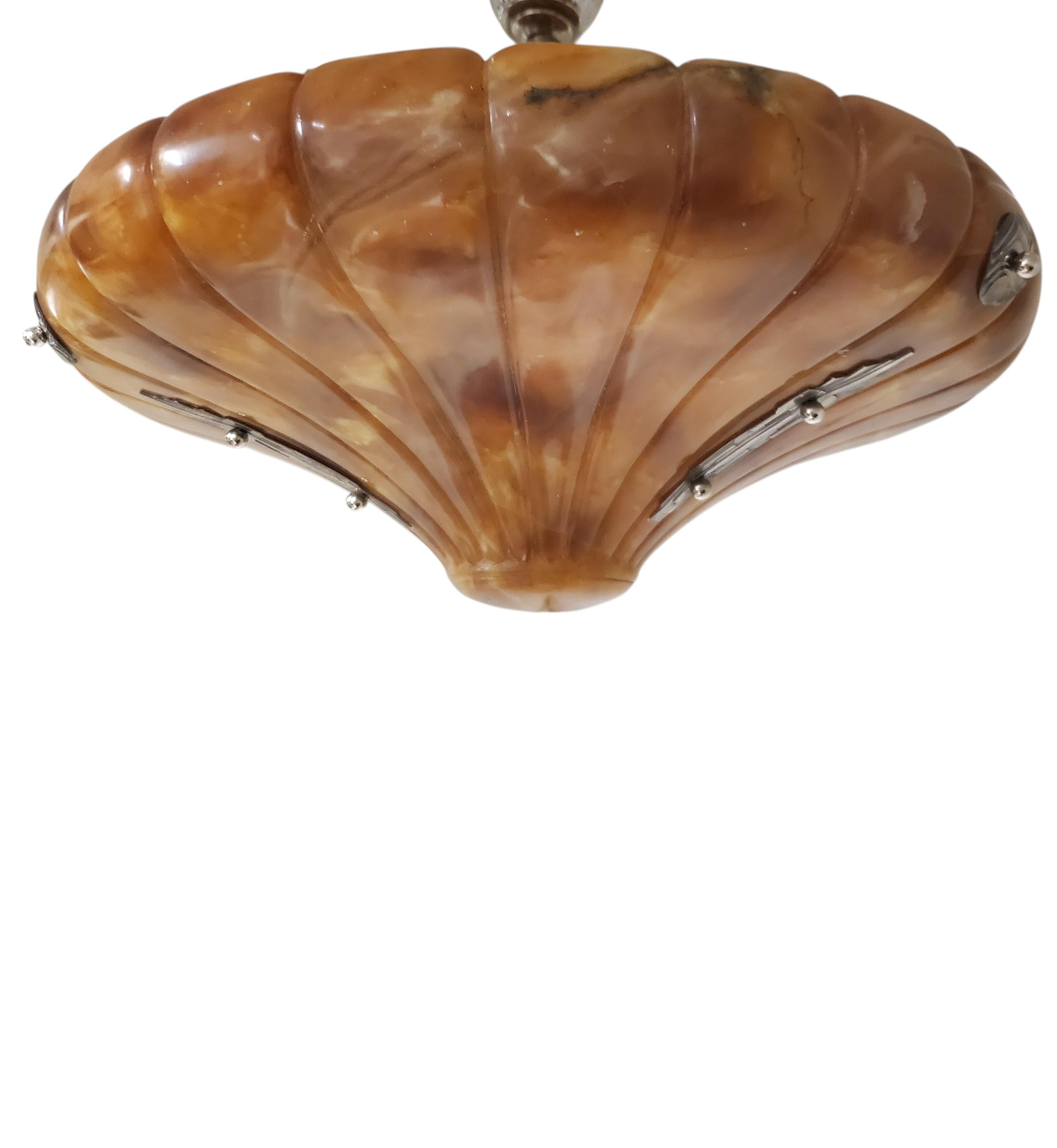 Large magnificent Art Deco fluted alabaster bell shape Pendant Light Fixture For Sale 12