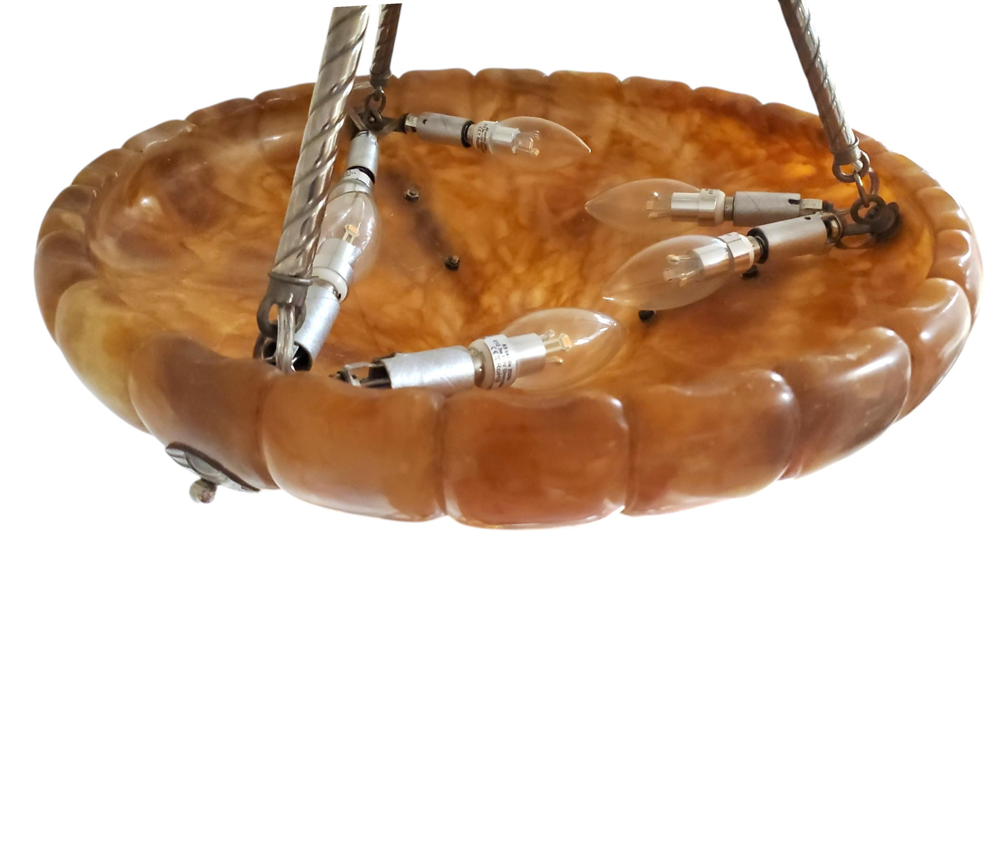 Large magnificent Art Deco fluted alabaster bell shape Pendant Light Fixture For Sale 13