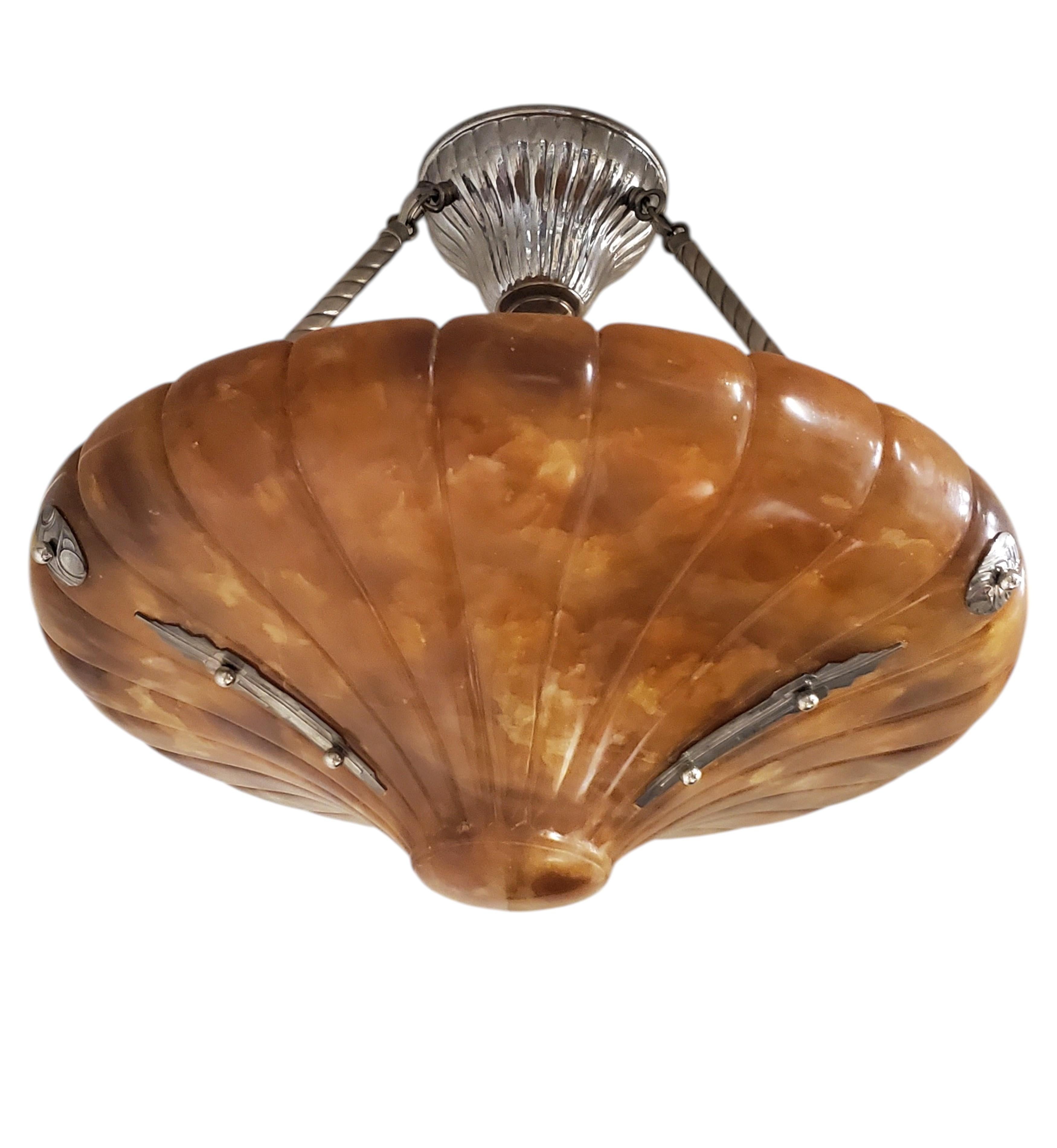 French Large magnificent Art Deco fluted alabaster bell shape Pendant Light Fixture For Sale
