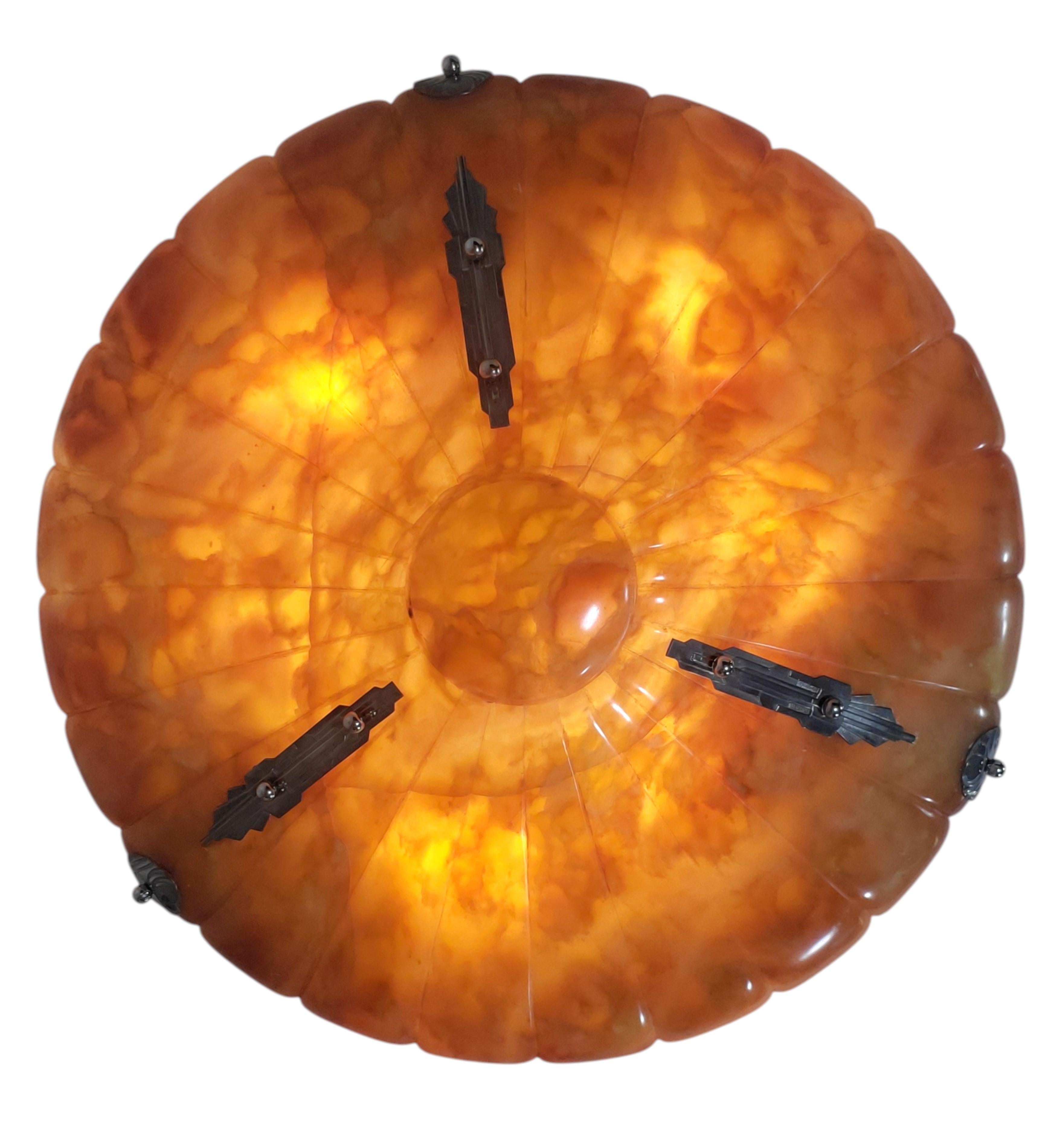 Large magnificent Art Deco fluted alabaster bell shape Pendant Light Fixture In Good Condition For Sale In New York City, NY