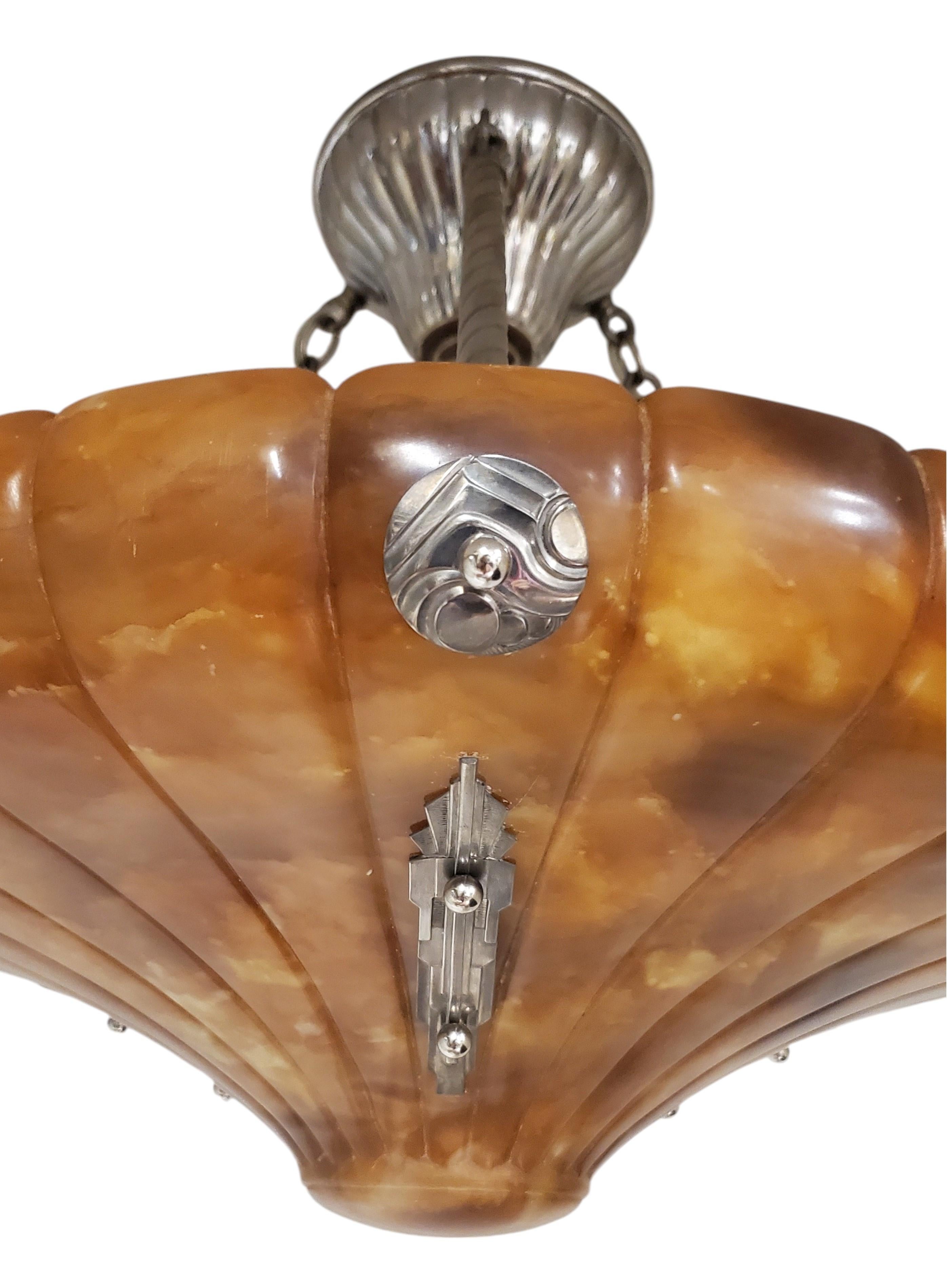 Early 20th Century Large magnificent Art Deco fluted alabaster bell shape Pendant Light Fixture For Sale