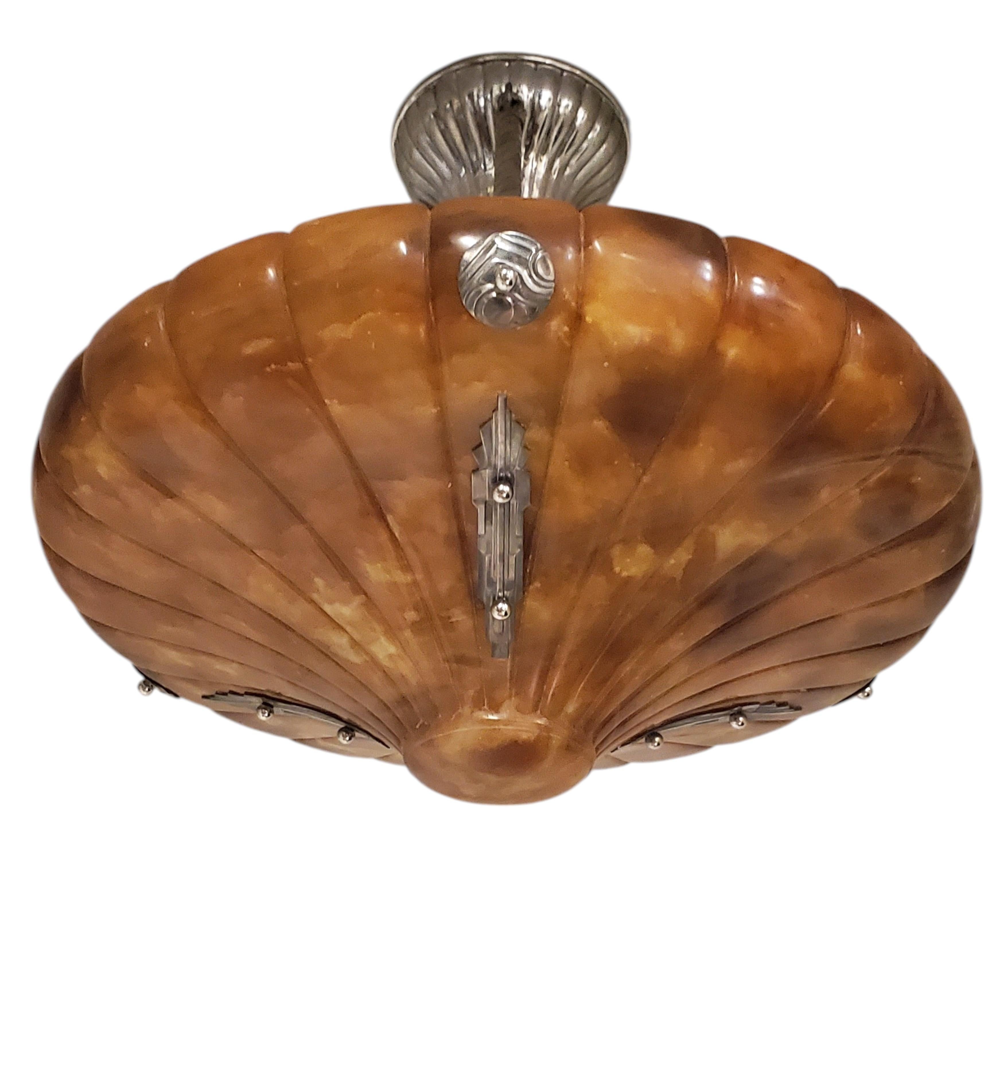 Bronze Large magnificent Art Deco fluted alabaster bell shape Pendant Light Fixture For Sale
