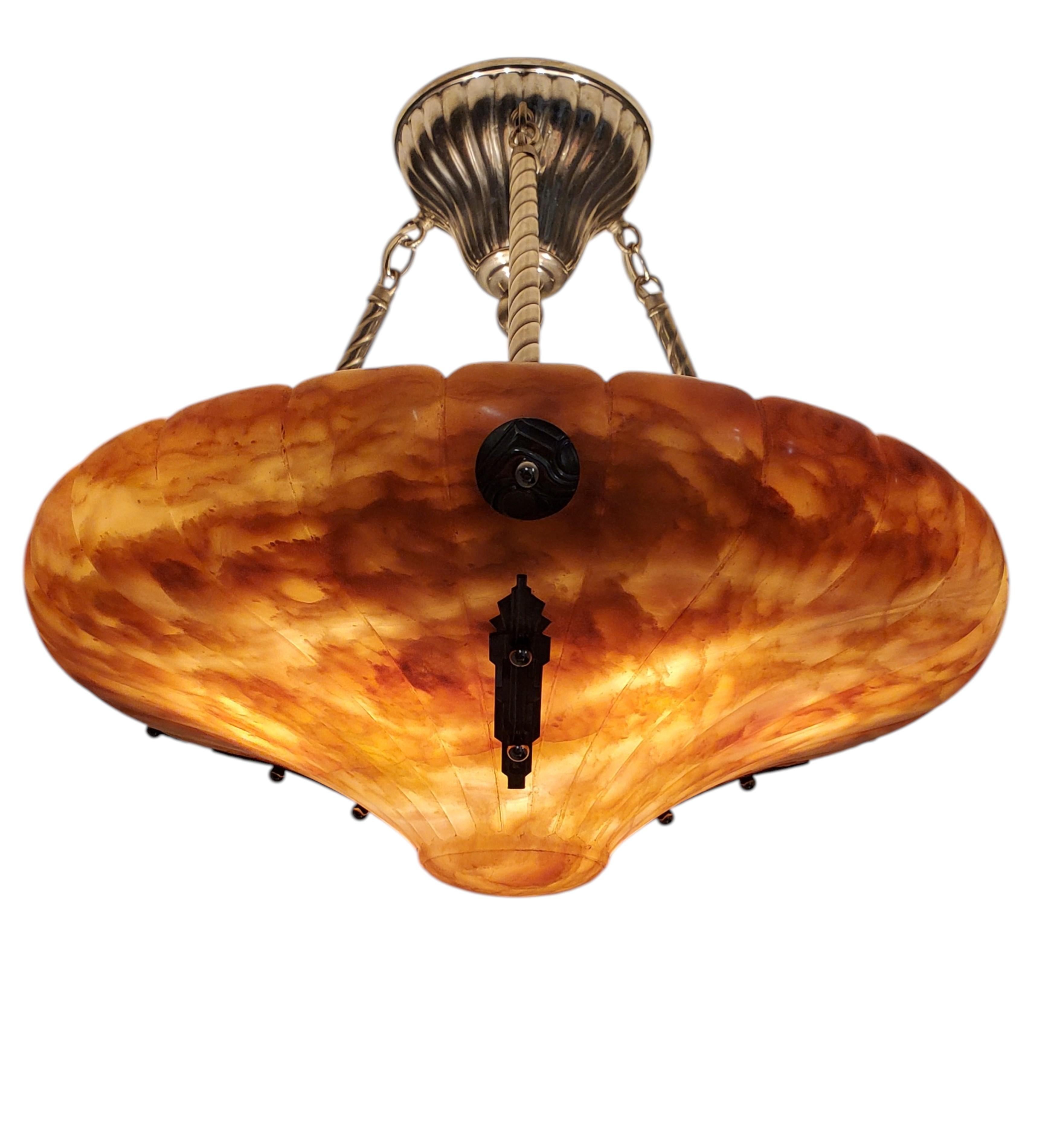 Large magnificent Art Deco fluted alabaster bell shape Pendant Light Fixture For Sale 1