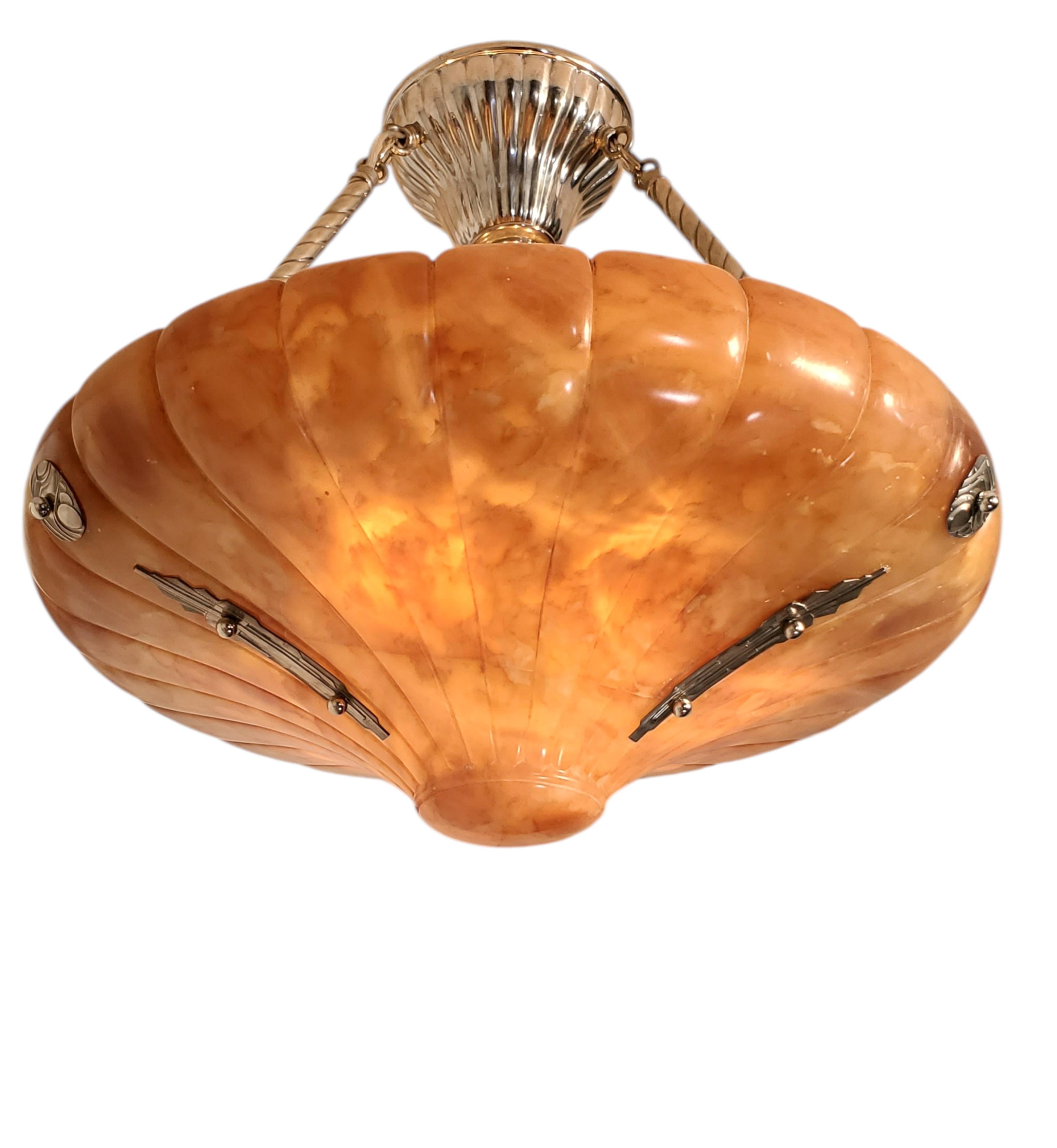 Large magnificent Art Deco fluted alabaster bell shape Pendant Light Fixture For Sale 2