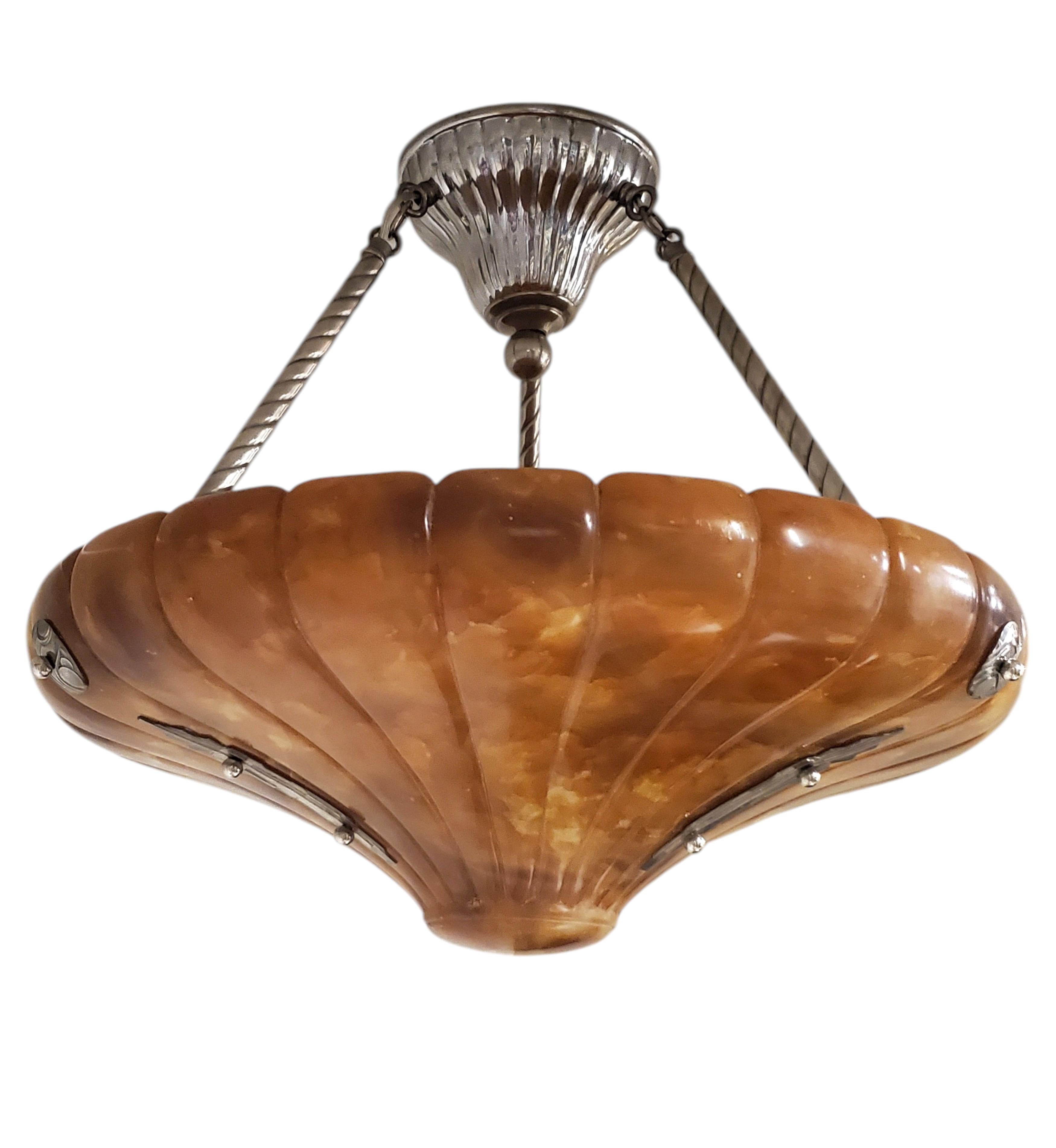 Large magnificent Art Deco fluted alabaster bell shape Pendant Light Fixture For Sale 3