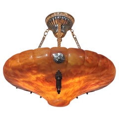 Antique Large magnificent Art Deco fluted alabaster bell shape Pendant Light Fixture