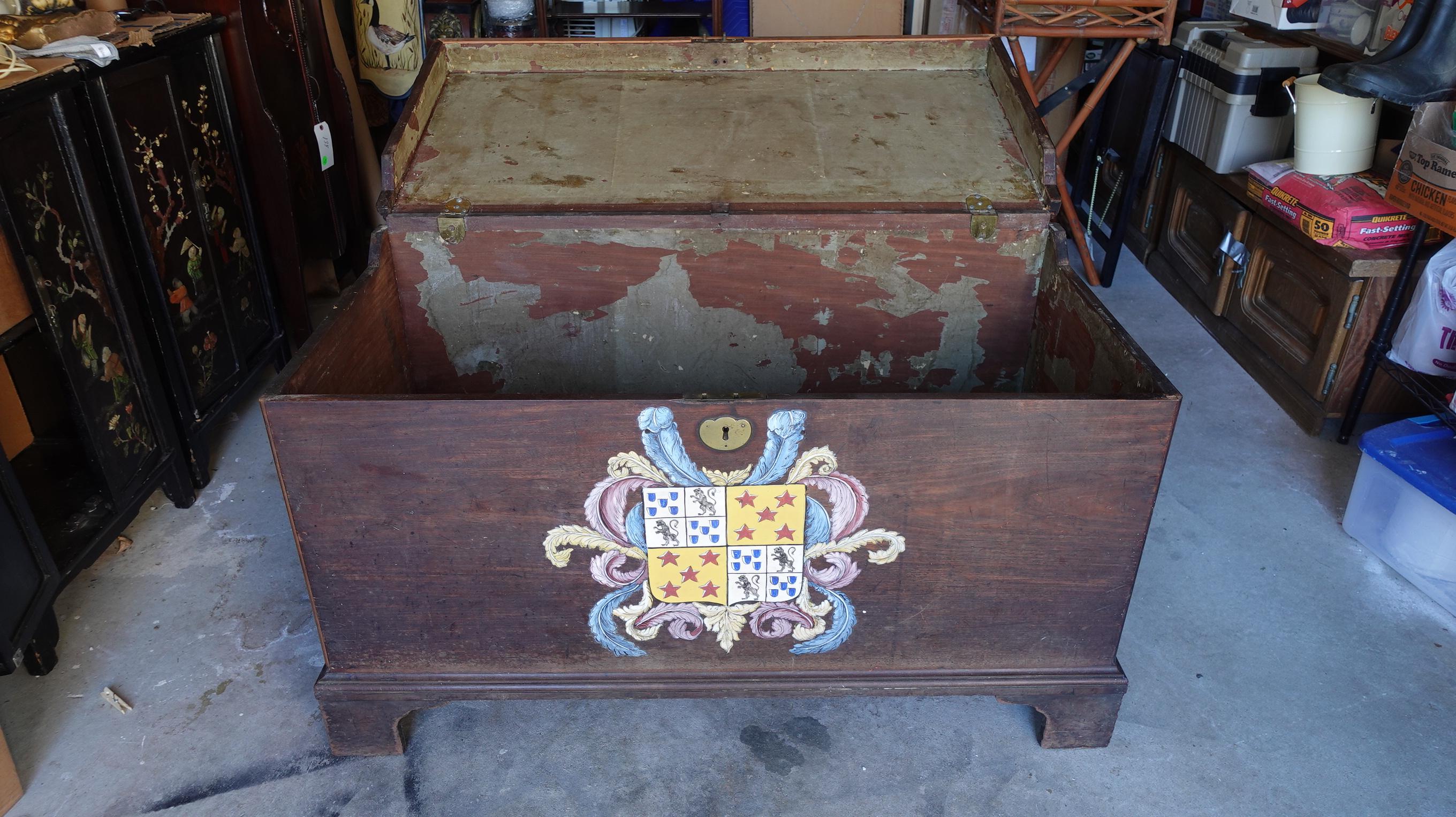 Hand-Crafted Large Mahogany Armorial Lift Top Chest with Armorial on Bracket Feet  For Sale