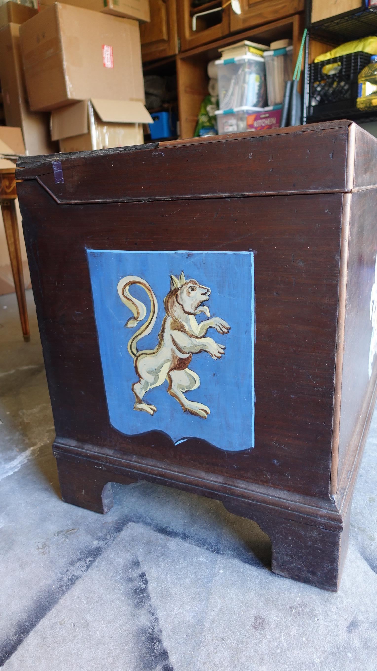 19th Century Large Mahogany Armorial Lift Top Chest with Armorial on Bracket Feet  For Sale