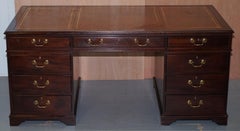 Large Mahogany & Brown Leather Christopher Langley Twin Pedestal Partner Desk