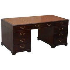 Vintage Large Mahogany & Brown Leather Christopher Langley Twin Pedestal Partner Desk