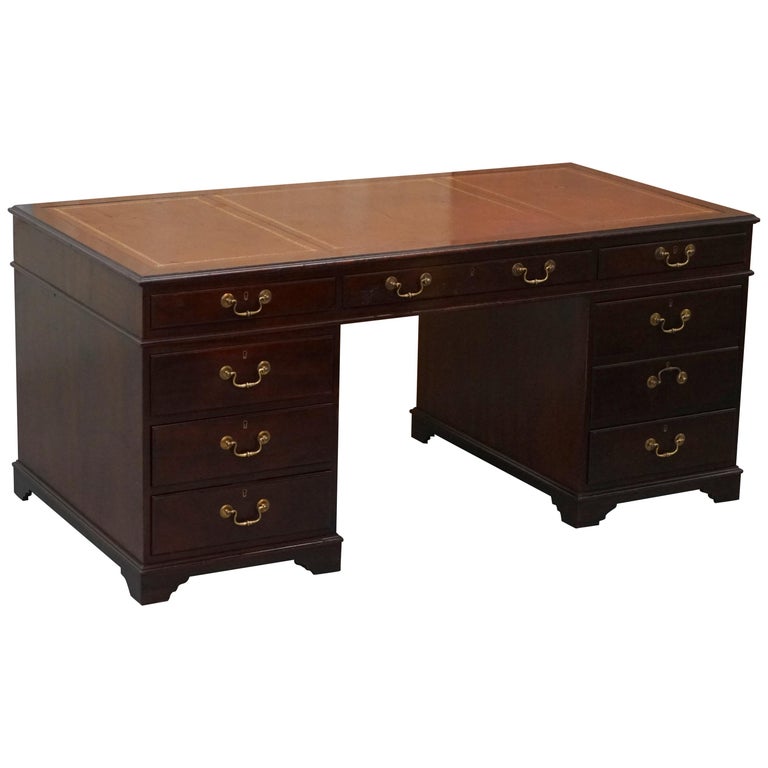 Large Mahogany And Brown Leather Christopher Langley Twin Pedestal