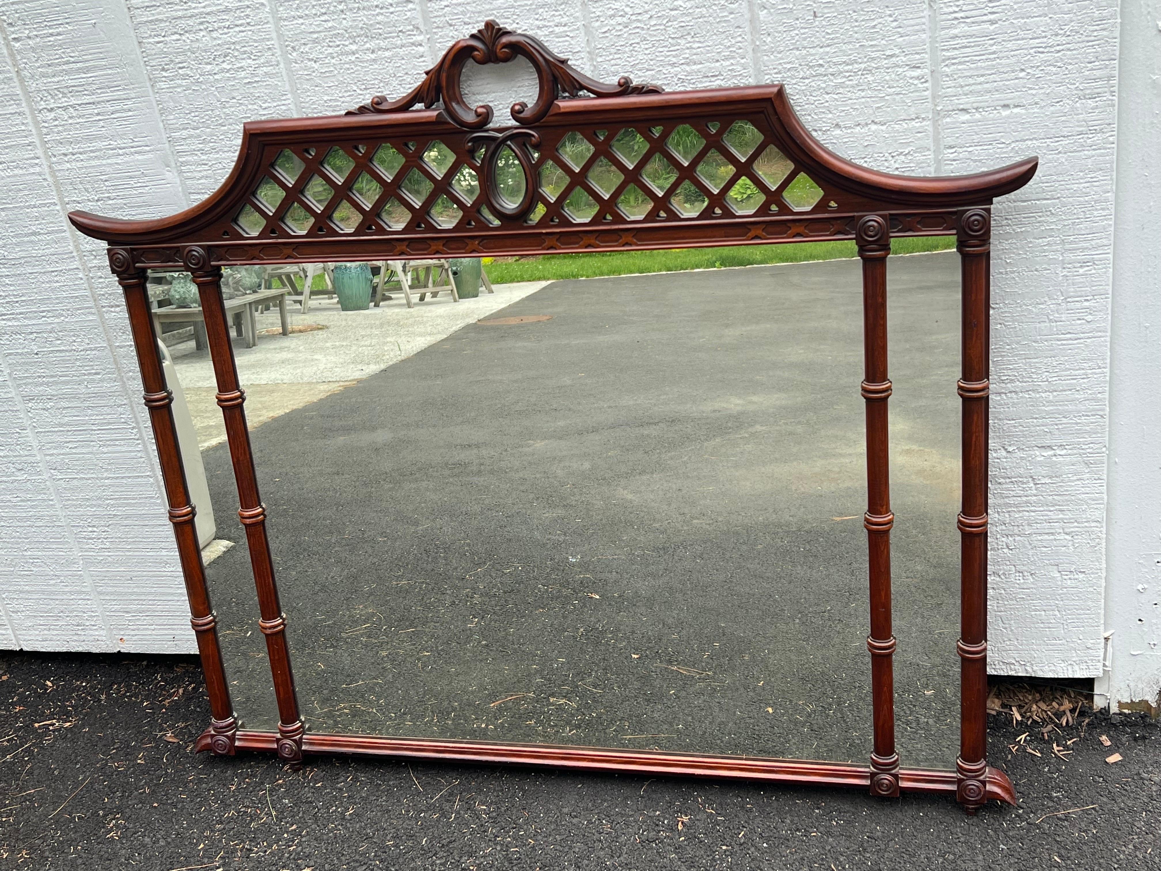 Large Mahogany Chinoiserie Pagoda Mirror  In Good Condition In Redding, CT