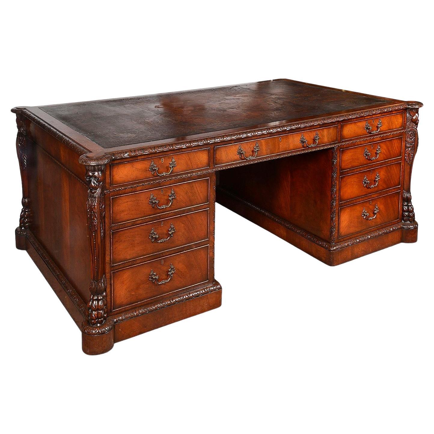 Large Mahogany Chippendale Style Partners Desk For Sale