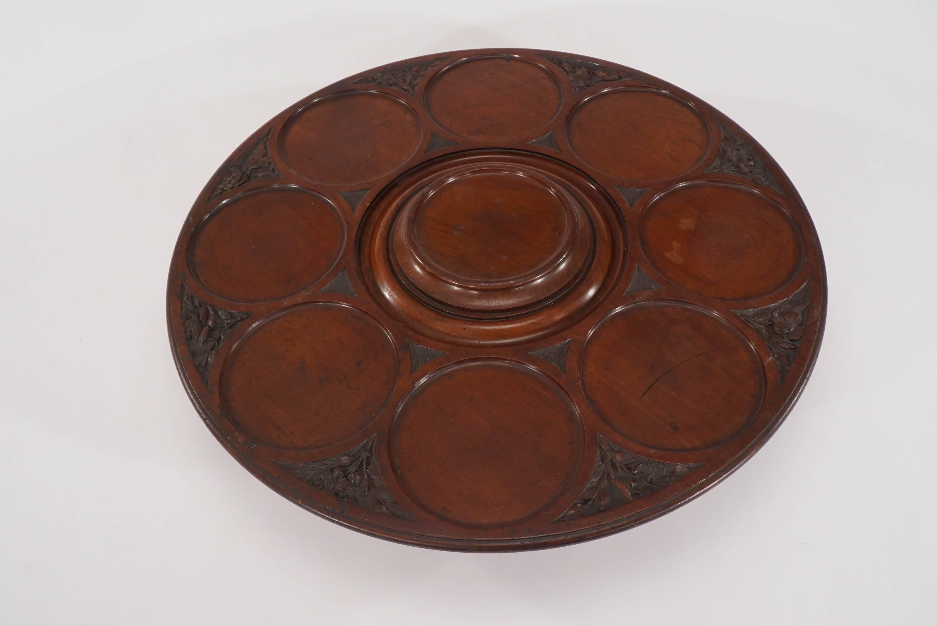 Large Mahogany Footed Lazy Susan with Carved Decoration Nine Framed Indentations In Good Condition For Sale In Great Barrington, MA