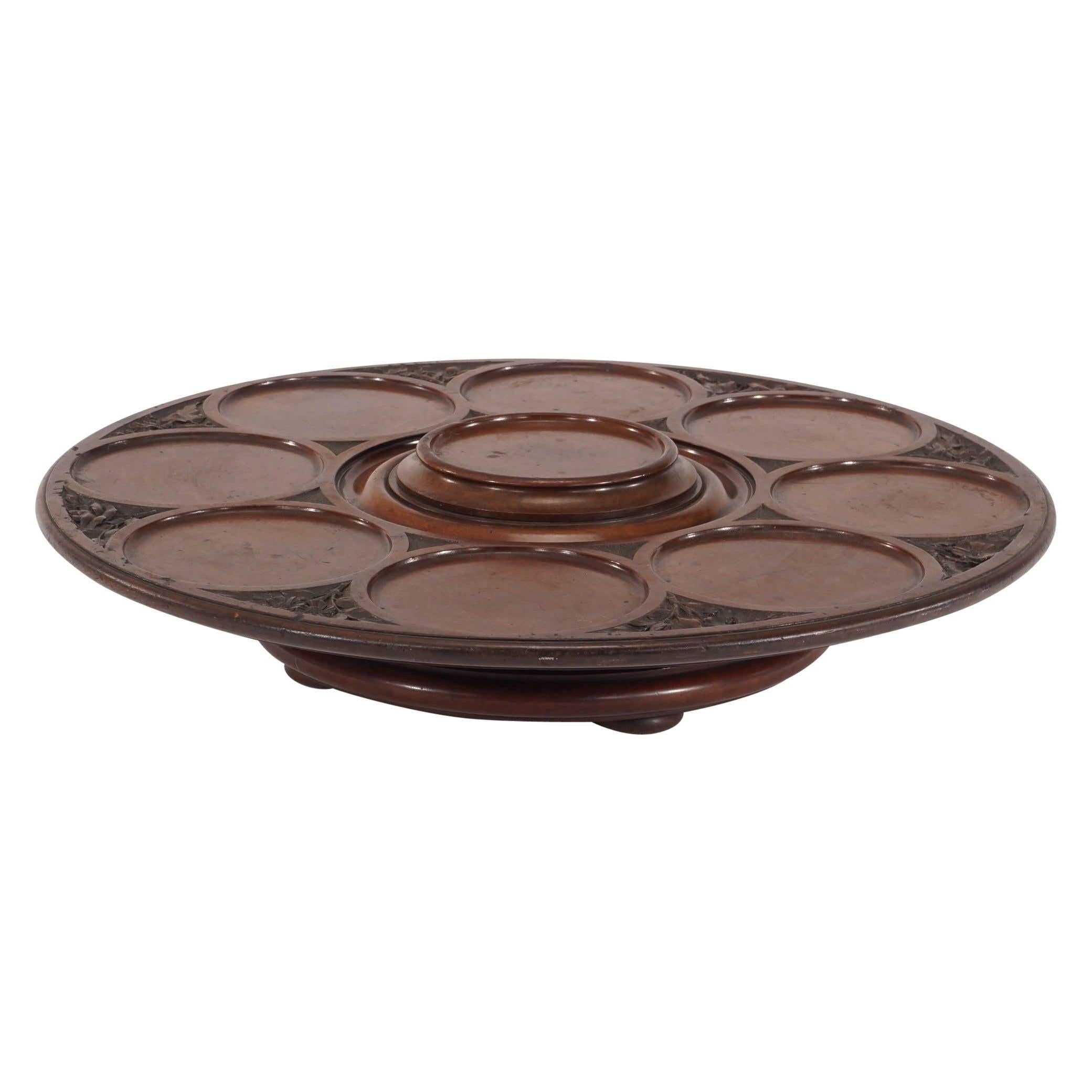 Large Mahogany Footed Lazy Susan with Carved Decoration Nine Framed Indentations