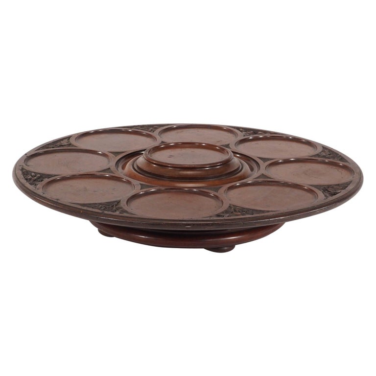 Large Mahogany Footed Lazy Susan with Carved Decoration Nine Framed  Indentations For Sale at 1stDibs
