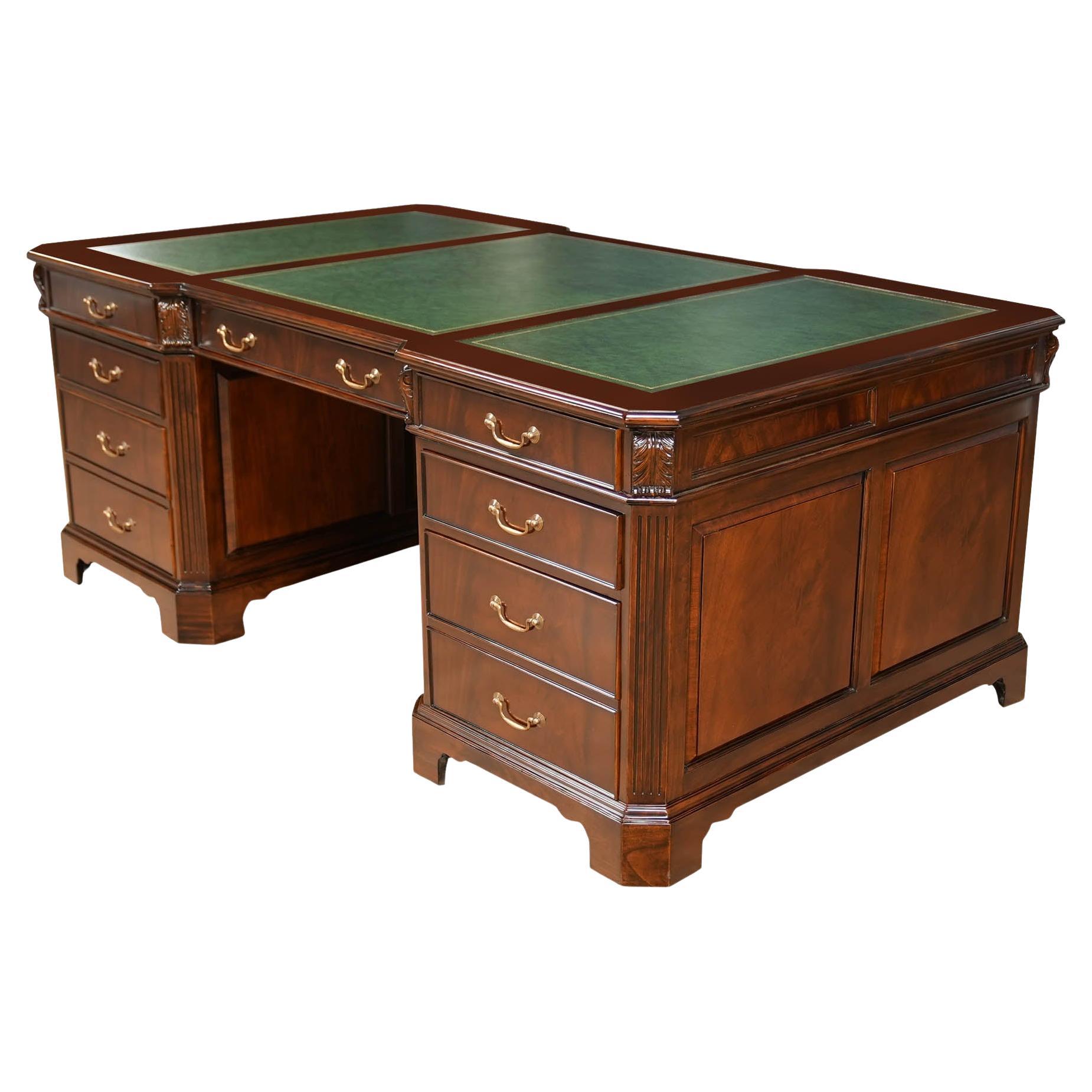 Large Mahogany Green Leather Partner Desk