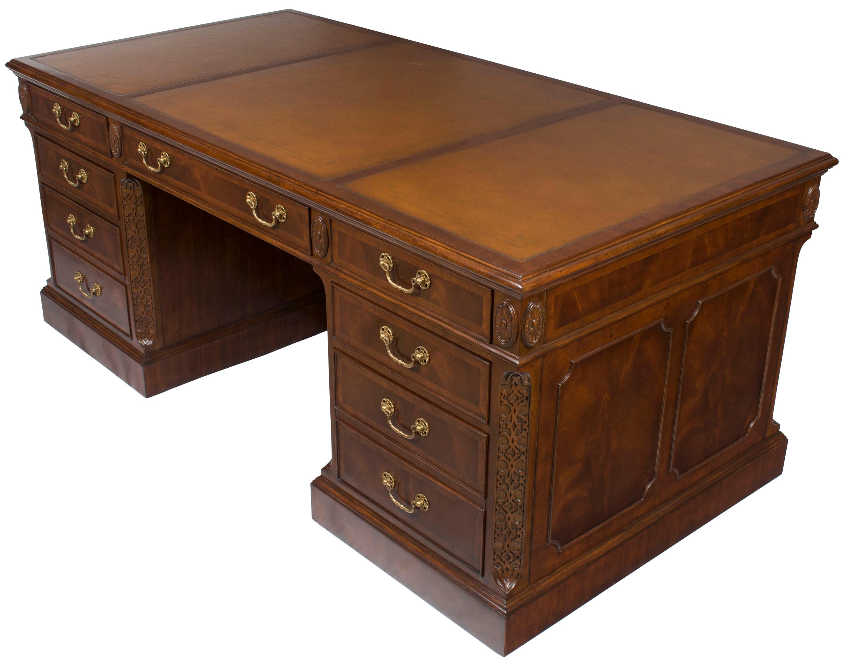 Large Mahogany Leather Top Pedestal Home Office Executive Desk, New In New Condition For Sale In Atlanta, GA