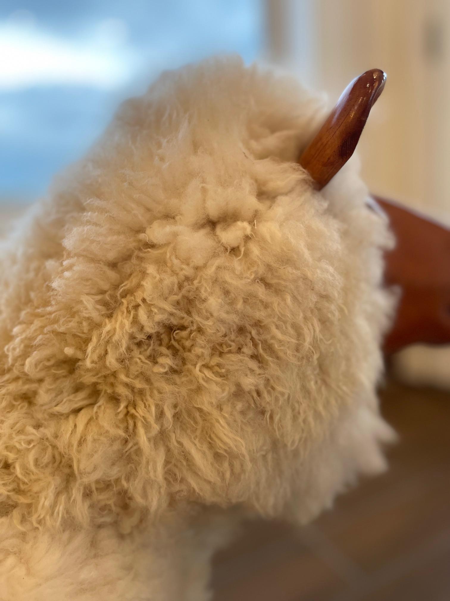 American Large Mahogany Sheep Rocker in White Wool For Sale