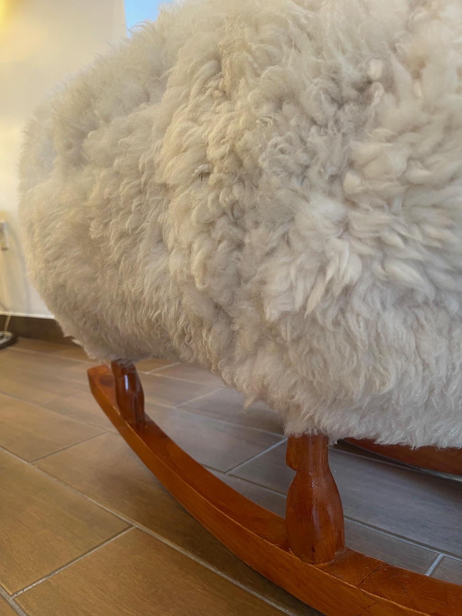 Contemporary Large Mahogany Sheep Rocker in White Wool For Sale