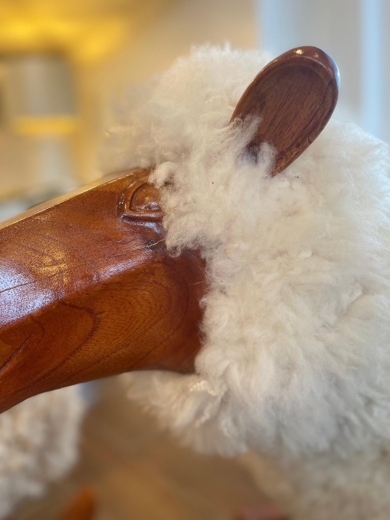 Large Mahogany Sheep Rocker in White Wool For Sale 1