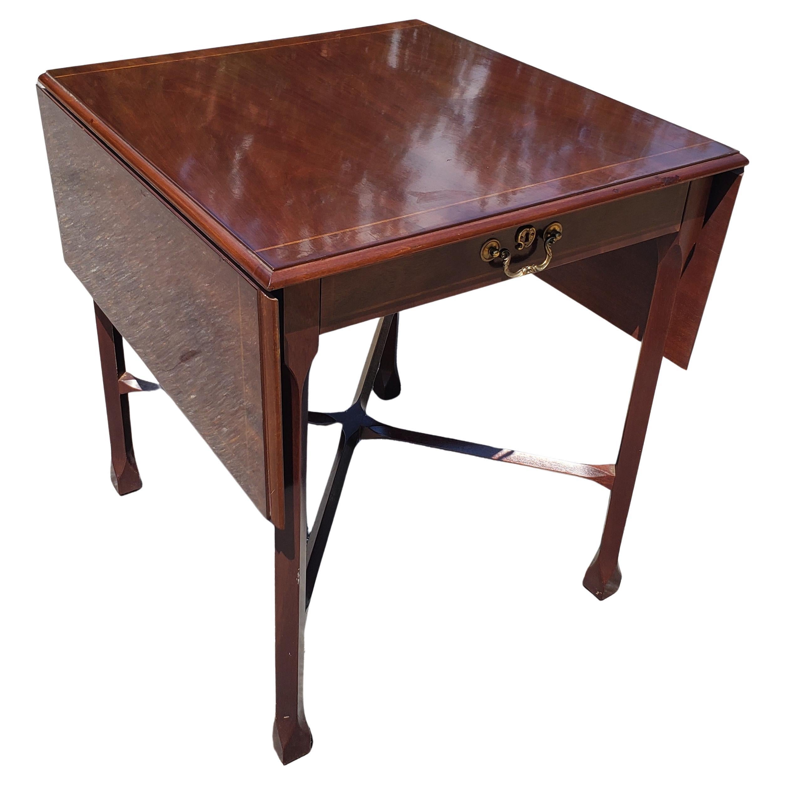 Woodwork Large Mahogany Single Drawer and Banded Drop Leaf with Stretcher Side Table For Sale