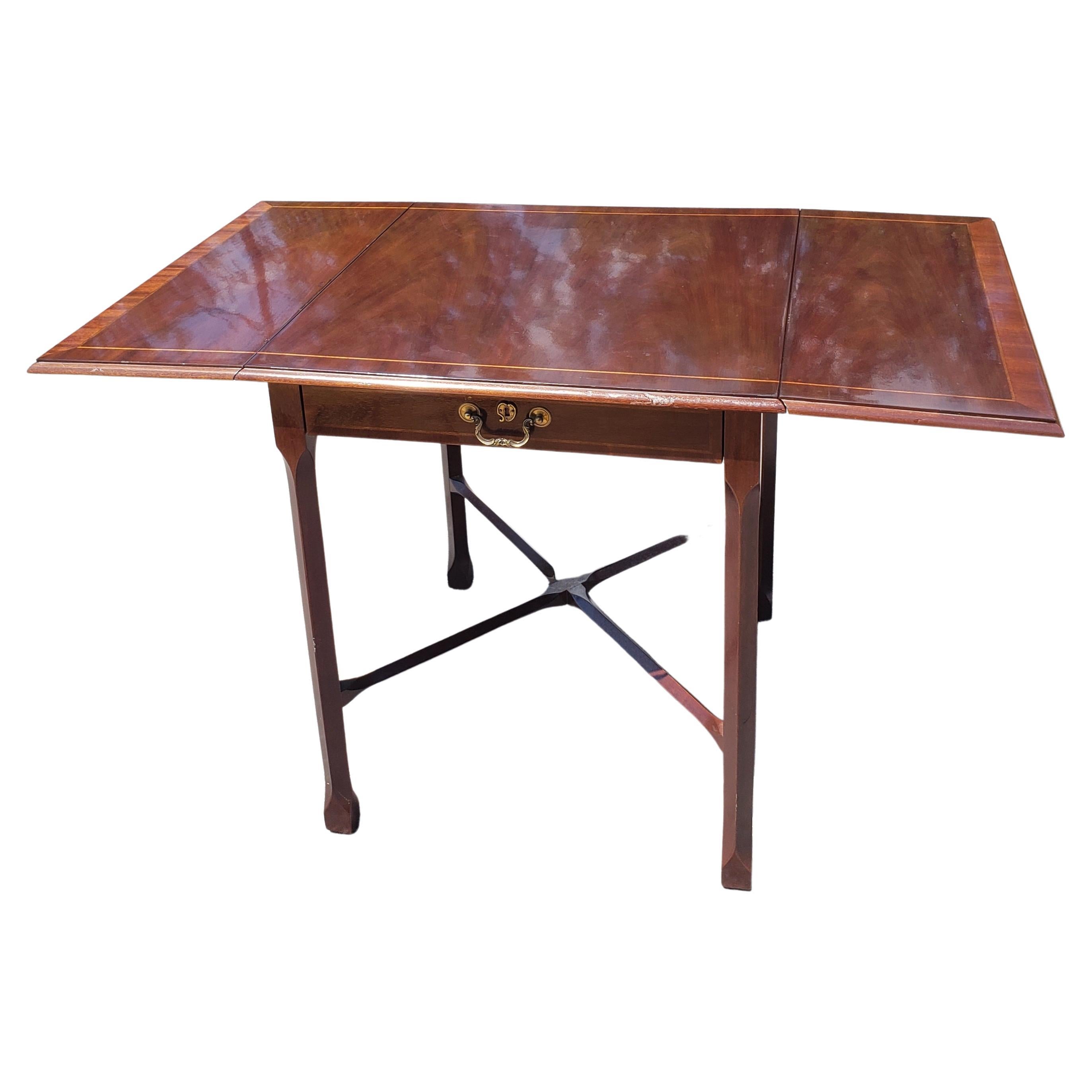 20th Century Large Mahogany Single Drawer and Banded Drop Leaf with Stretcher Side Table For Sale
