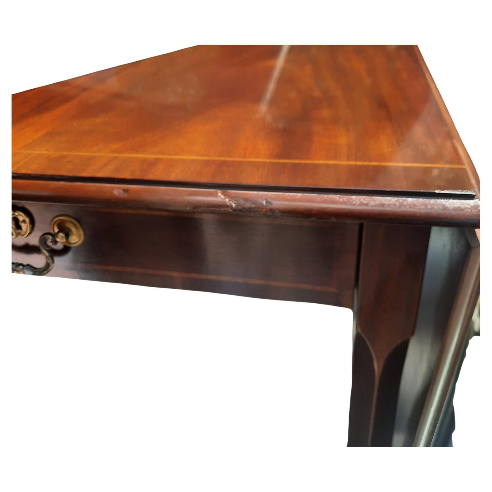 Large Mahogany Single Drawer and Banded Drop Leaf with Stretcher Side Table For Sale 1