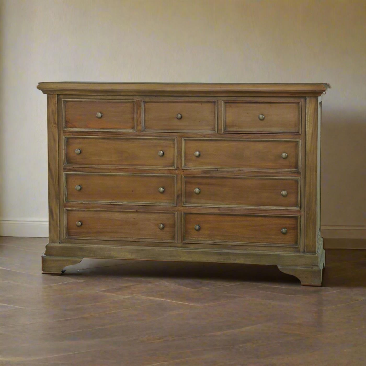 Crafted from beautiful solid mahogany wood and finish in the warm straw wash finish, this dresser showcases exceptional craftsmanship with multiple-size drawers, providing ample storage for your clothing and accessories. The rich wood tones and