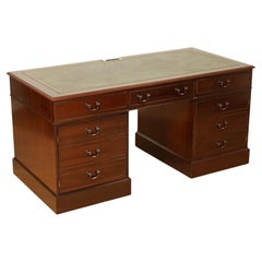 Large Hardwood Twin Pedestal Office Desk with Green Inlaid Leather Top
