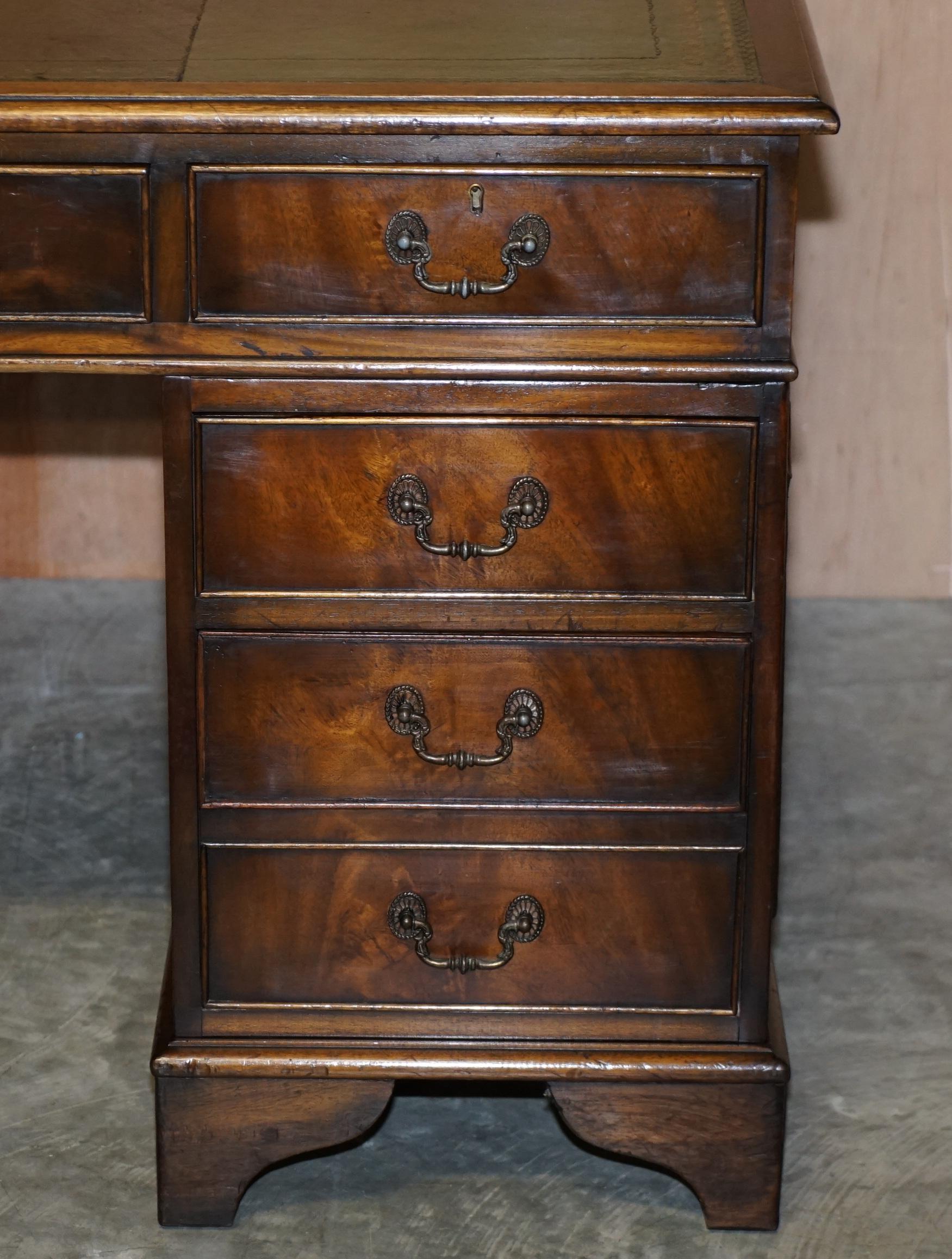 English Large Hardwood with Green Leather Writing Surface Twin Pedestal Partner Desk