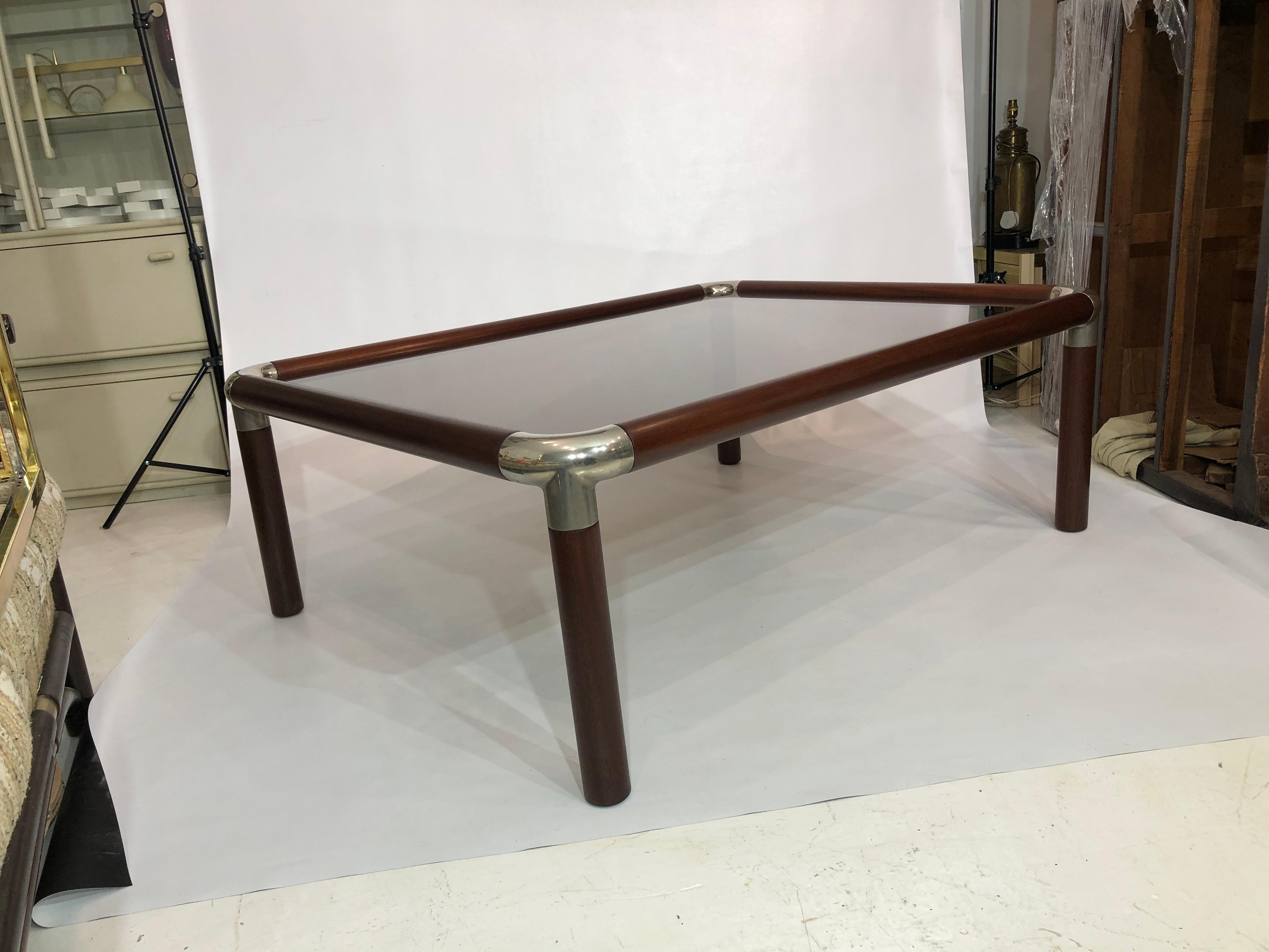 Large Mahogany Wood Chrome Coffee Table Smoked Glass Mid-Century Hollywood 1970s For Sale 4