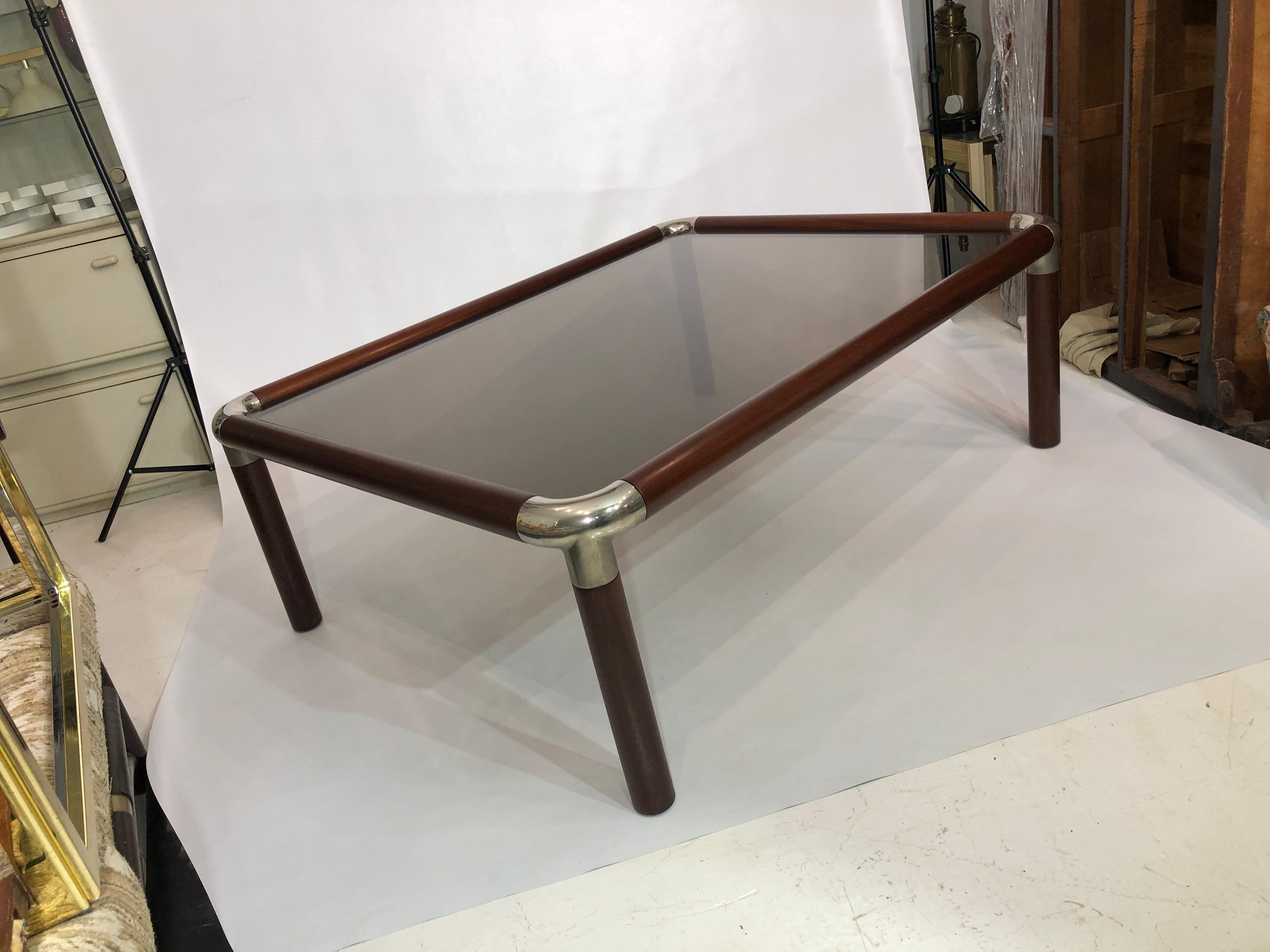 Large Mahogany Wood Chrome Coffee Table Smoked Glass Mid-Century Hollywood 1970s For Sale 5
