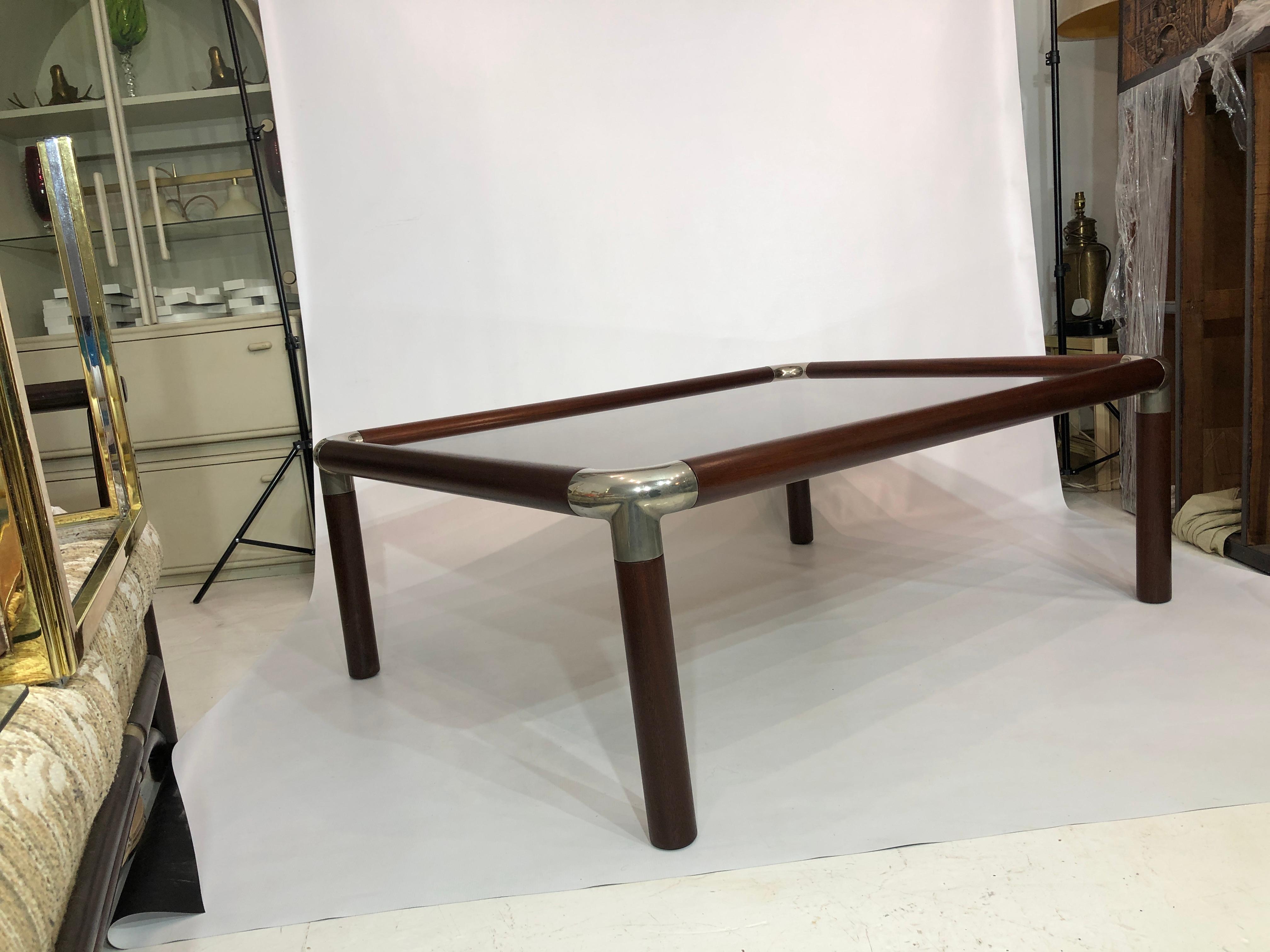 Large Mahogany Wood Chrome Coffee Table Smoked Glass Mid-Century Hollywood 1970s For Sale 7