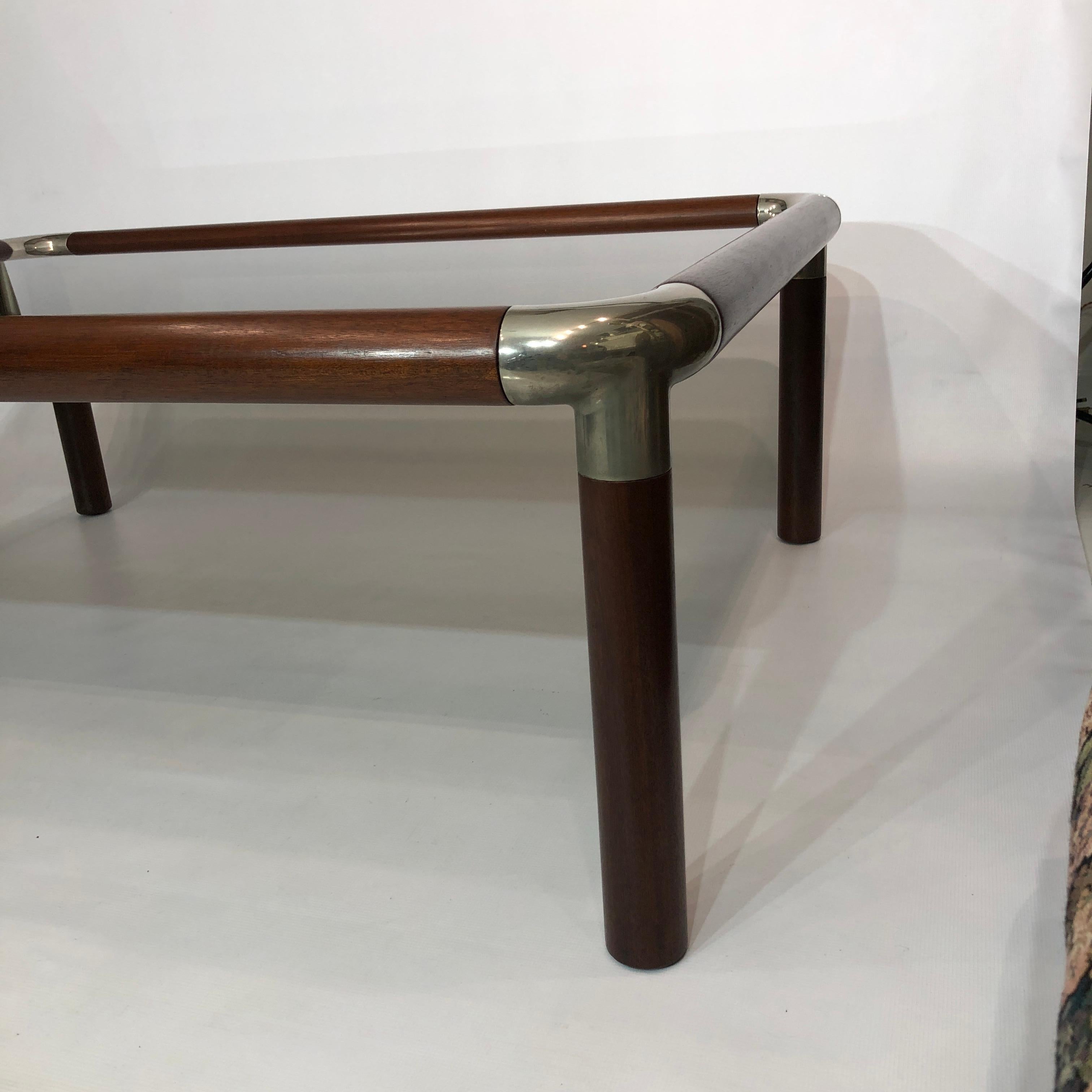 Mid-Century Modern Large Mahogany Wood Chrome Coffee Table Smoked Glass Mid-Century Hollywood 1970s For Sale