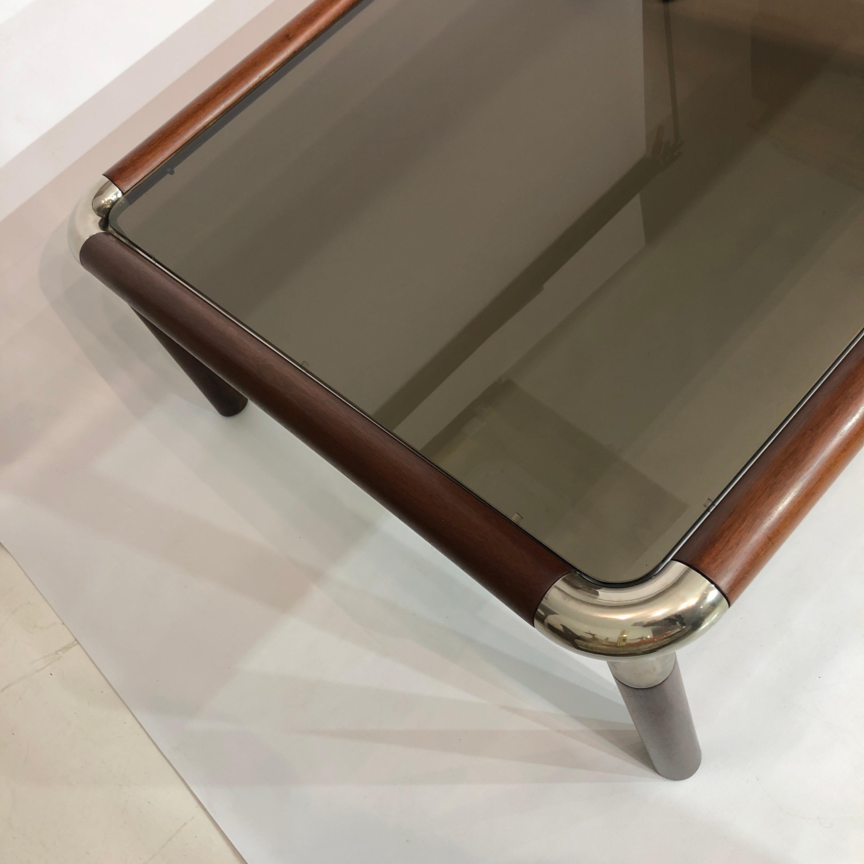 Large Mahogany Wood Chrome Coffee Table Smoked Glass Mid-Century Hollywood 1970s In Good Condition For Sale In London, GB