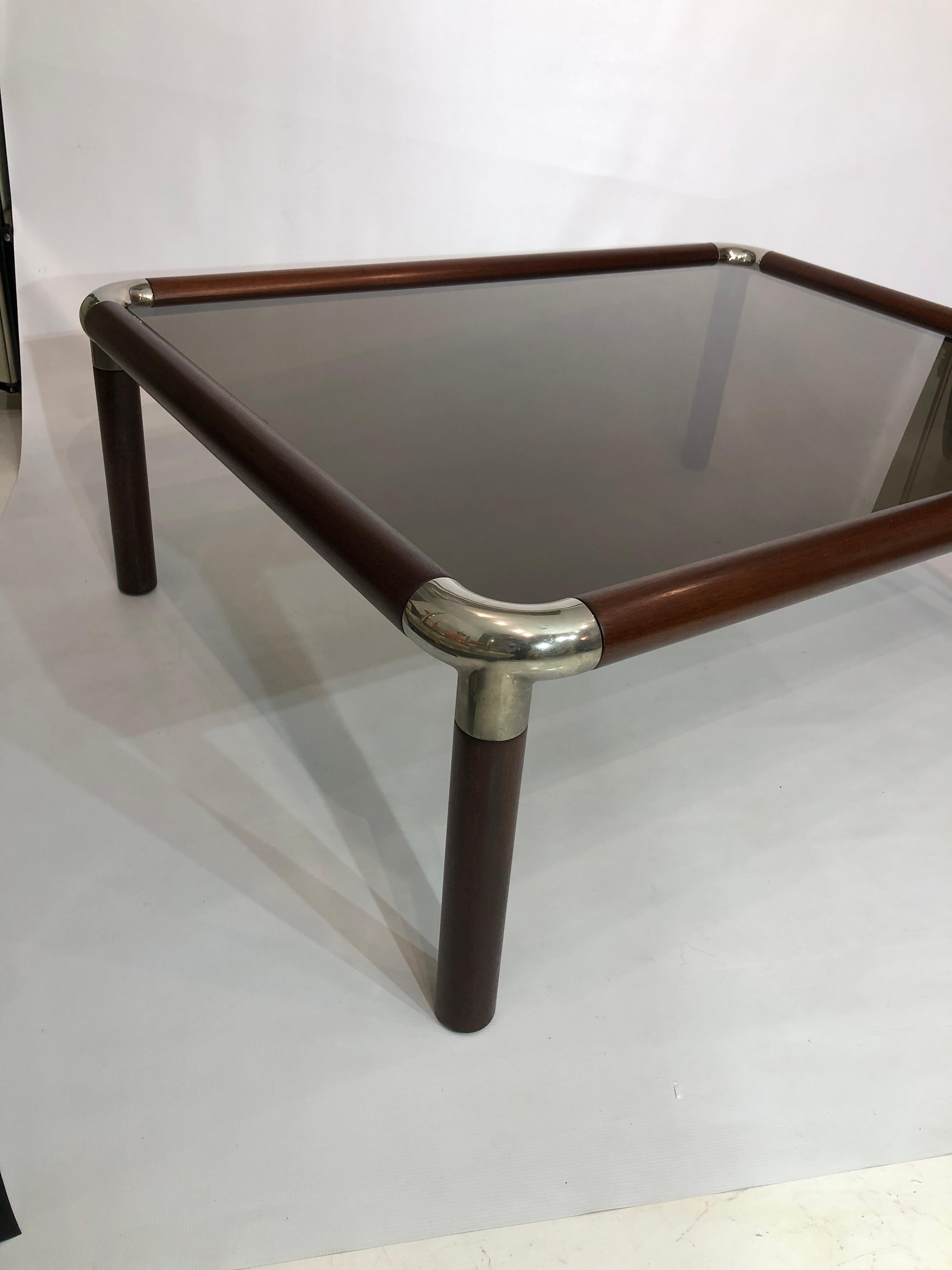 Large Mahogany Wood Chrome Coffee Table Smoked Glass Mid-Century Hollywood 1970s For Sale 3