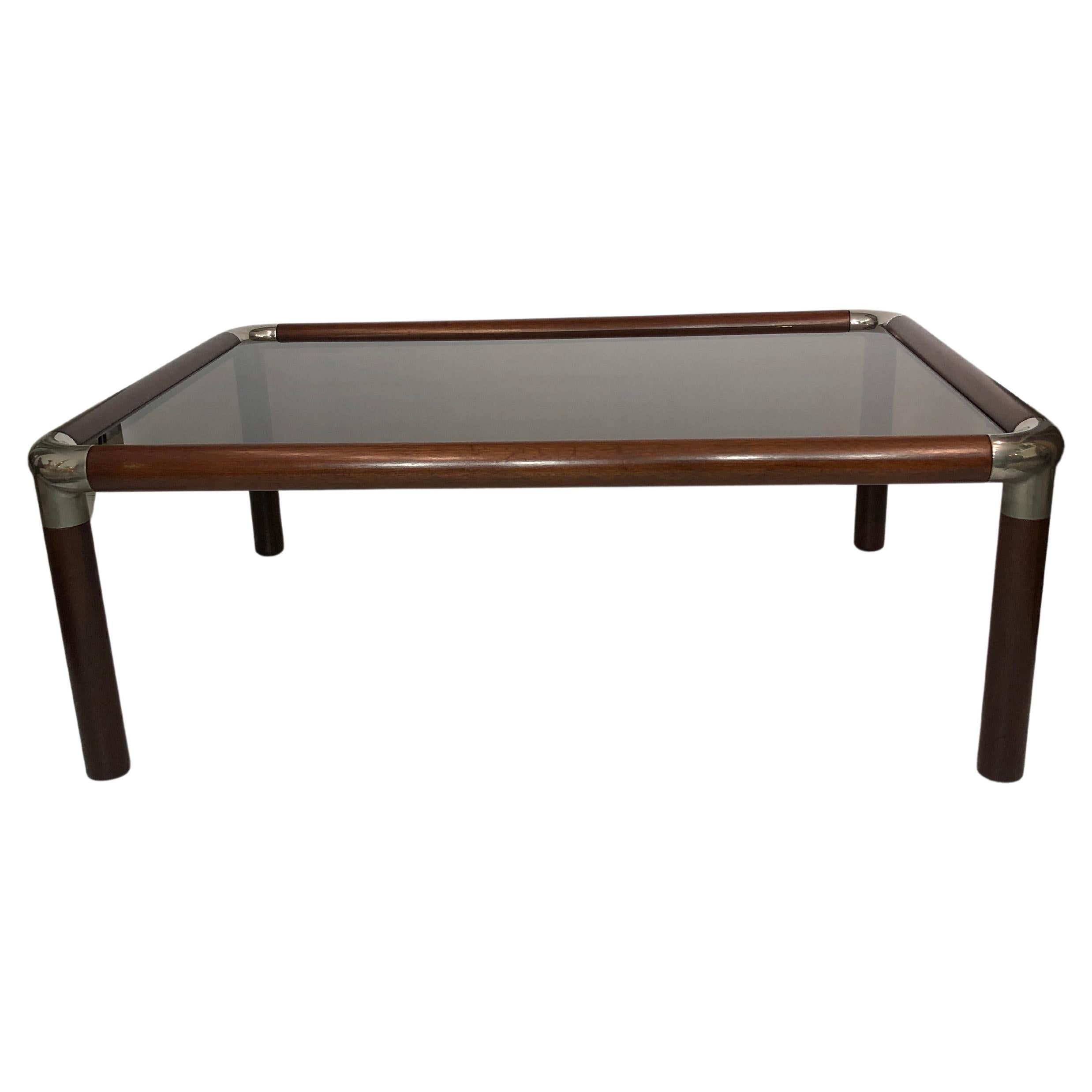 Large Mahogany Wood Chrome Coffee Table Smoked Glass Mid-Century Hollywood 1970s For Sale